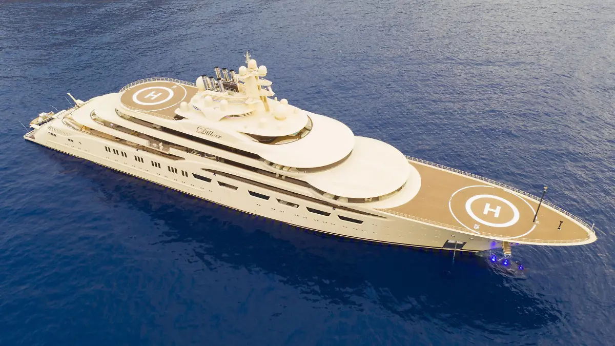 Luftaufnahme 156 Meter lange Motoryacht DILBAR, 2016 ausgeliefert von der deutschen Werft Lürssen Yachts an den russischen Oligarchen und Milliardär Alischer Usmanow Alisher Usmanov, Generaldirektor des Gazprom-Tochterunternehmens Gazprominvestholding, Miteigentümer der Metalloinwest und Eigentümer des russischen Verlagshauses Kommersant, in dem die einflussreiche Wirtschaftszeitung Kommersant erscheint. DILBAR ist mit 15.500 BRZ die nach Volumen größte Yacht der Welt. Design: Espen Oeino, Hier vor Anker kurz nach Sonnenaufgang zwischen Eze und Beaulieu-sur-Mer, Departement Alpes-Maritimes, Region Provence-Alpes-Cote d Azur, Südfrankreich, Frankreich, Mittelmeer *** Aerial photograph of the 156 metre long motor yacht DILBAR, delivered in 2016 by the German shipyard Lürssen Yachts to the Russian oligarchs and billionaire Alischer Us