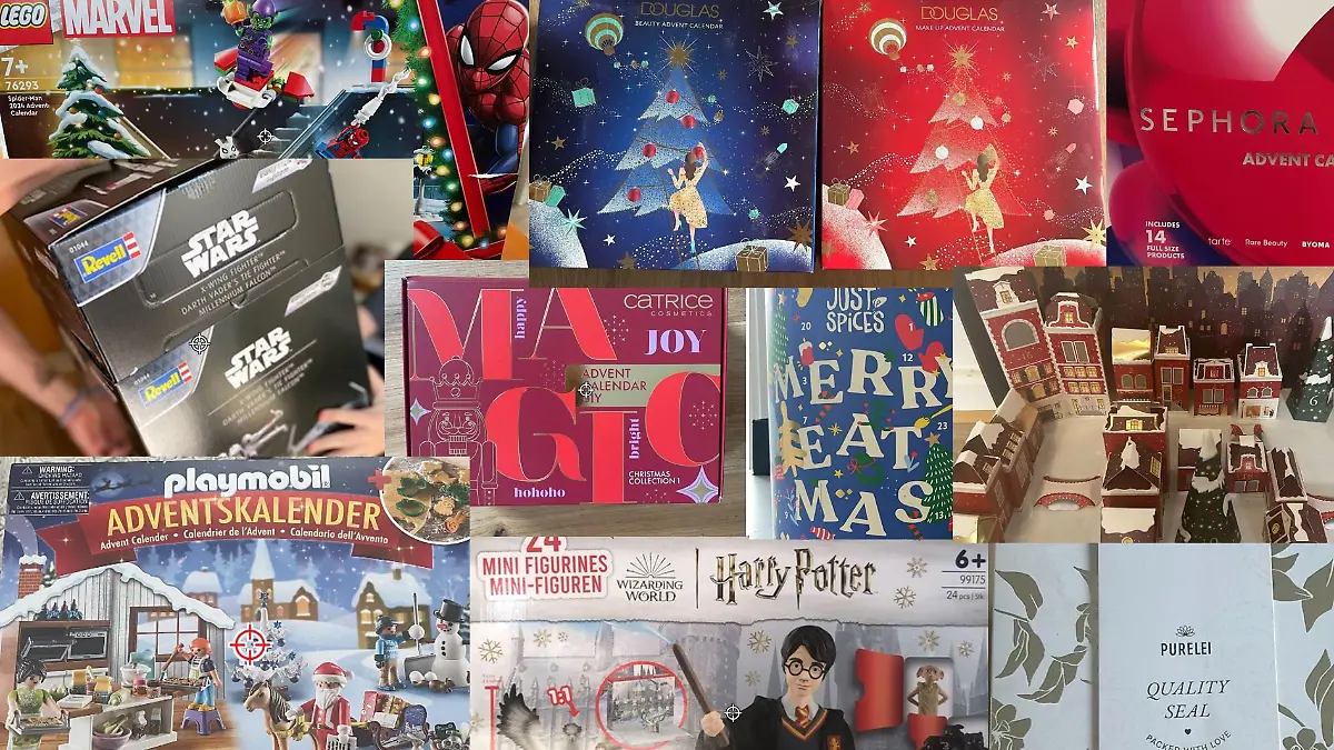 Collage aus zehn verschiedenen Adventskalendern mit Beauty-Produkten, Spielzeug, Schmuck und Gewürzen
