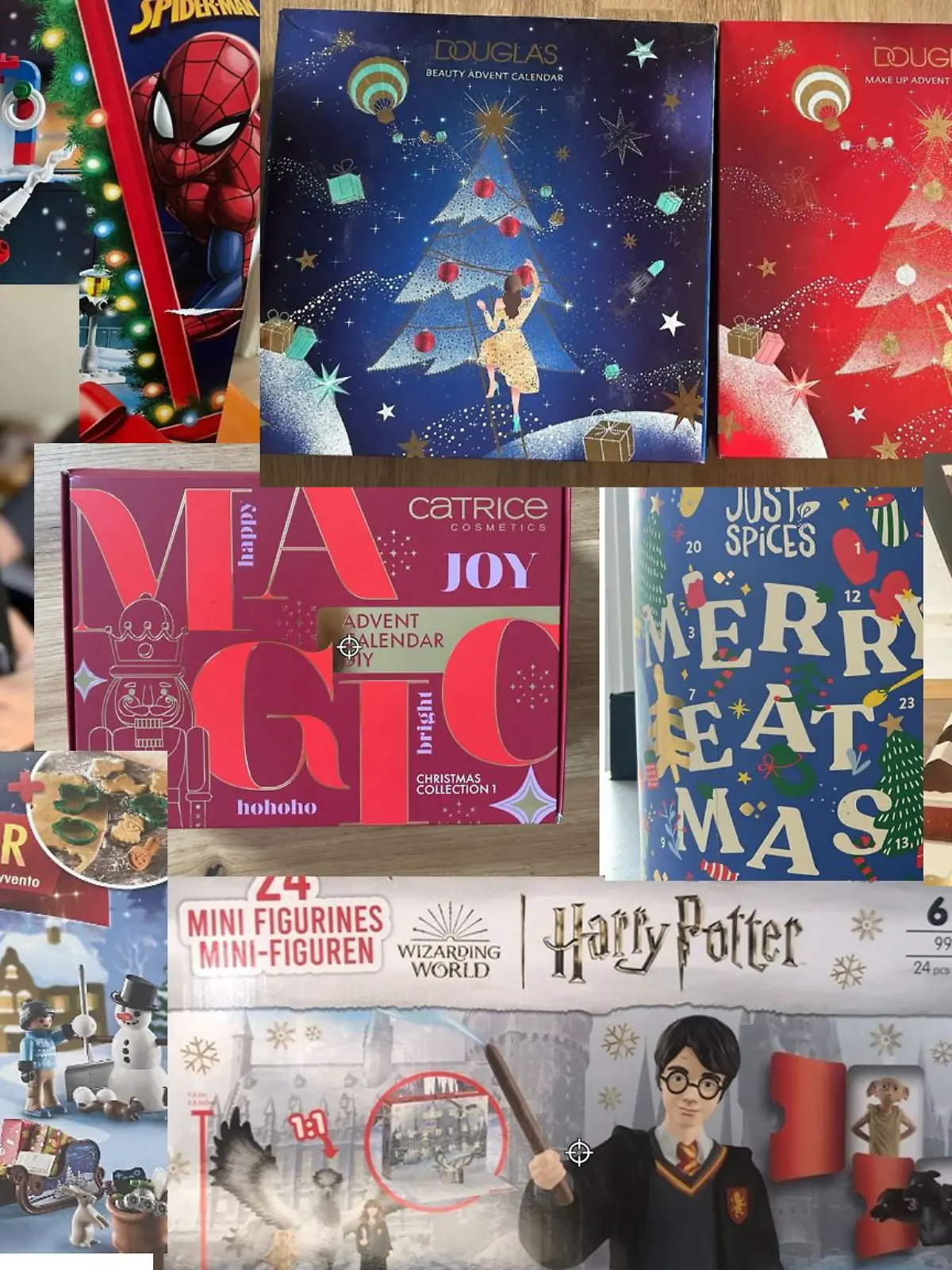Collage aus zehn Adventskalendern 2024 von Douglas, Catrice bis Playmobil und Lego.