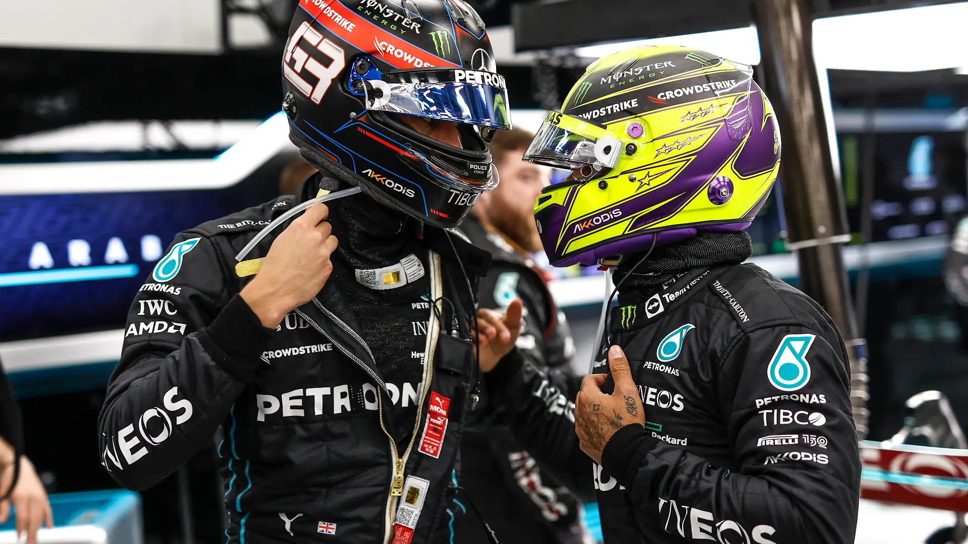 63 George Russell GBR, Mercedes-AMG Petronas F1 Team, 44 Lewis Hamilton GBR, Mercedes-AMG Petronas F1 Team, F1 Grand Prix of Saudi Arabia at Jeddah Corniche Circuit on March 27, 2022 in Jeddah, Saudi Arabia. Photo by HOCH ZWEI Jeddah Saudi Arabia *** 63 George Russell GBR, Mercedes AMG Petronas F1 Team , 44 Lewis Hamilton GBR, Mercedes AMG Petronas F1 Team , F1 Grand Prix of Saudi Arabia at Jeddah Corniche Circuit on March 27, 2022 in Jeddah, Saudi Arabia Photo by HOCH ZWEI Jeddah Saudi Arabia