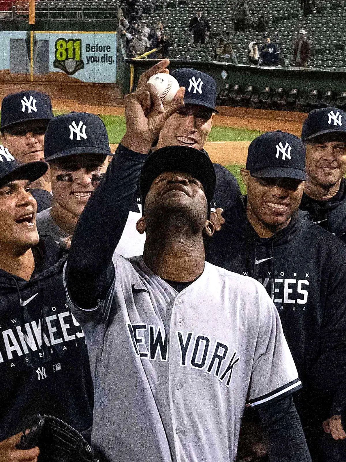 Jun 28, 2023; Oakland, California, USA;  New York Yankees starting pitcher Domingo German (0) poses with the team after pitching a perfect game against the Oakland Athletics at Oakland-Alameda County Coliseum. It was the first perfect game in MLB since 2012 and the fourth perfect game in franchise history. Mandatory Credit: Stan Szeto-USA TODAY Sports     TPX IMAGES OF THE DAY