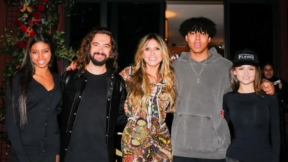 Von links: Lou Samuel, Tom Kaulitz, Heidi Klum, Johan Samuel und Leni Klum bei der Eröffnung von „Crazy Pizza” in New York. 
