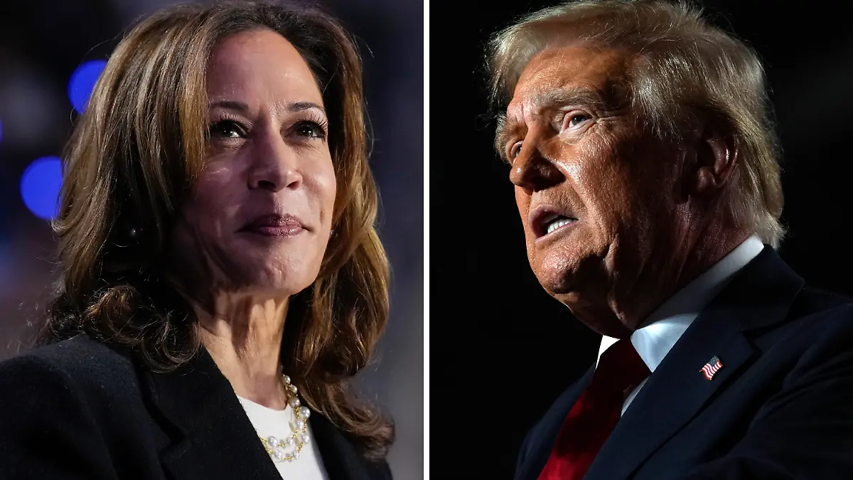 This combination of photos shows Democratic presidential nominee Vice President Kamala Harris, left, speaking during a rally in Charlotte, N.C., Sept. 12, 2024, and Republican presidential nominee former President Donald Trump, right, speaking during a rally in Warren, Mich., Nov. 1, 2024. (AP Photo)