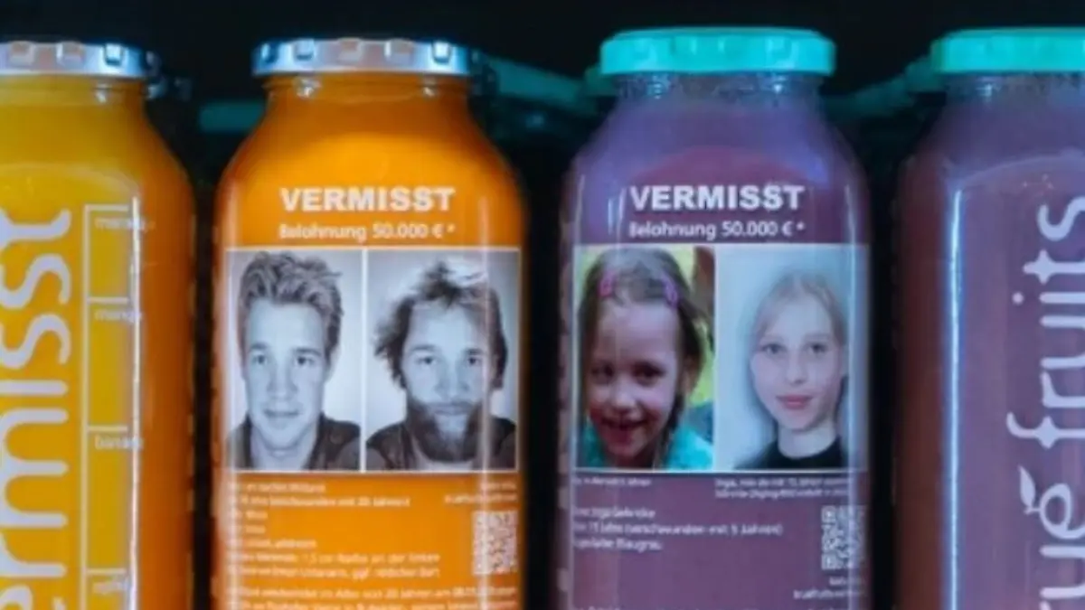 Bild von vermisster Inga Gehricke auf Smoothie-Flaschen