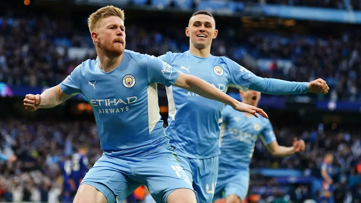 Manchester City v Real Madrid - UEFA Champions League - Semi Final - First Leg - Etihad Stadium Manchester City s Kevin De Bruyne celebrates scoring their side s first goal of the game during the UEFA Champions League Semi Final, First Leg, at the Etihad Stadium, Manchester. Picture date: Tuesday April 26, 2022. Use subject to restrictions. Editorial use only, no commercial use without prior consent from rights holder. PUBLICATIONxNOTxINxUKxIRL Copyright: xMikexEgertonx 66578680 