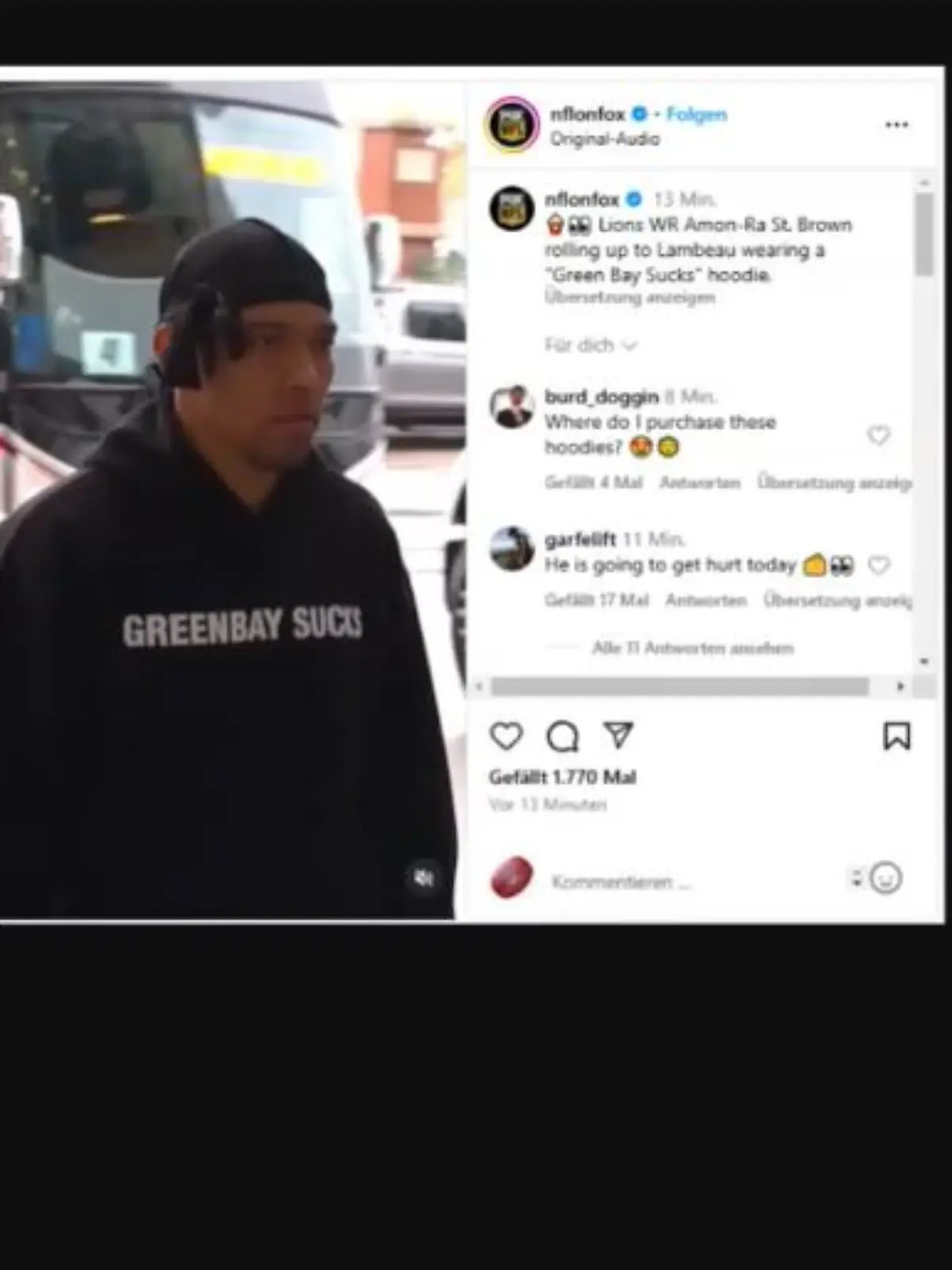 Der deutsche NFL-Star Amon-Ra St. Brown trägt vor dem Duell gegen die Green Bay Packers einen provokanten Pulli.