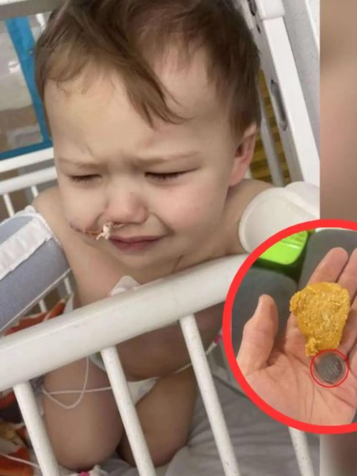 Collage Keith im Krankenhaus und Knopfbatterie