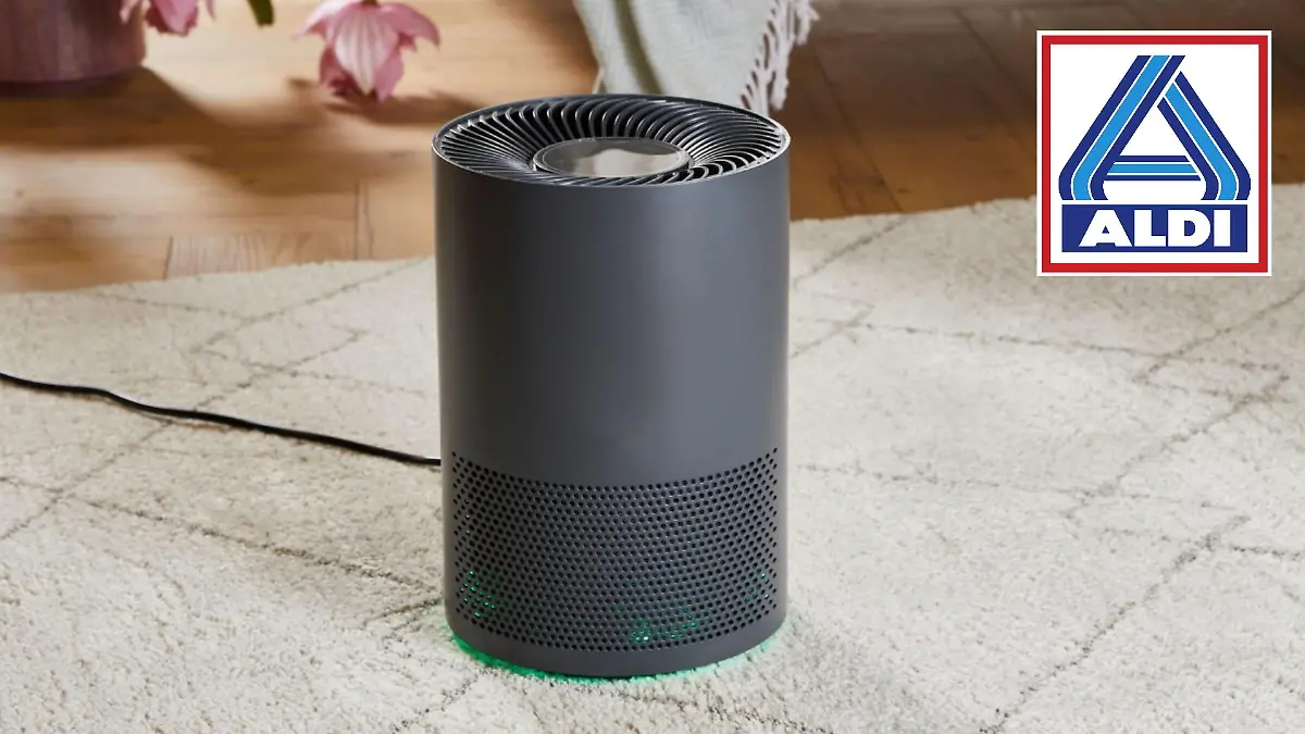 Luftreiniger von Quiggs, der im Wohnzimmer steht.