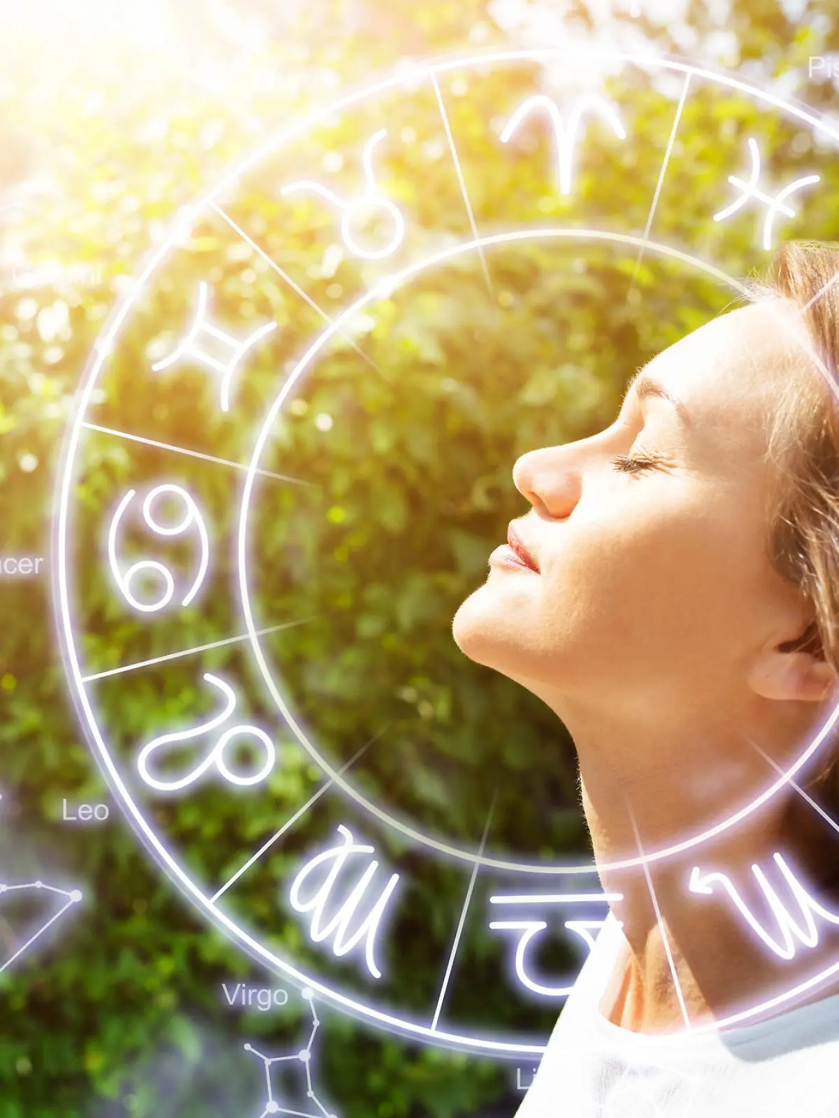 Side View Of Beautiful Young Woman Closing Her Eyes And Breathing Clean Fresh Air