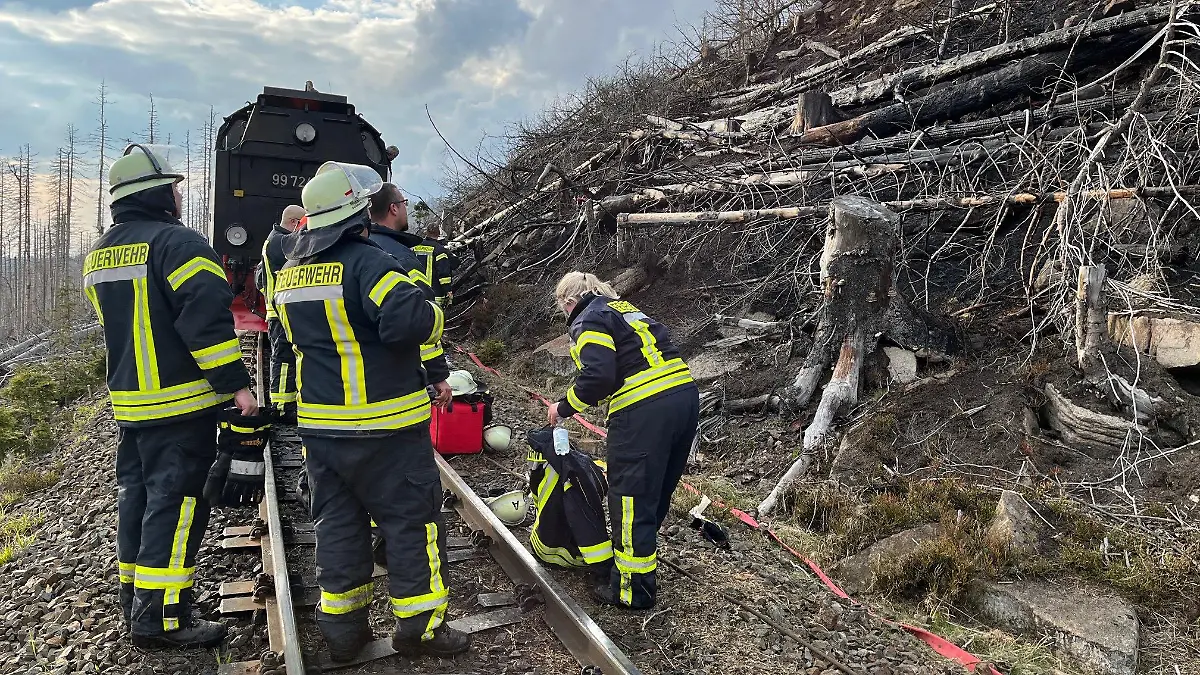 26.04.2022, Sachsen-Anhalt, Wernigerode: Feuerwehrleute stehen vor einem abgebrannten Waldstück am Brocken auf den Gleisen der Bahnstrecke. Auf der Ostseite des Harzes war ein Großfeuer ausgebrochen. Nach Angaben der Feuerwehr brannte es im Nationalpark zunächst auf einer Fläche von 3,5 Hektar. Das Gelände sei wegen der Hanglage für die Einsatzkräfte nur zu Fuß oder über die Brockenbahn erreichbar, sagte ein Feuerwehrsprecher aus Wernigerode. Foto: Matthias Bein/dpa +++ dpa-Bildfunk +++