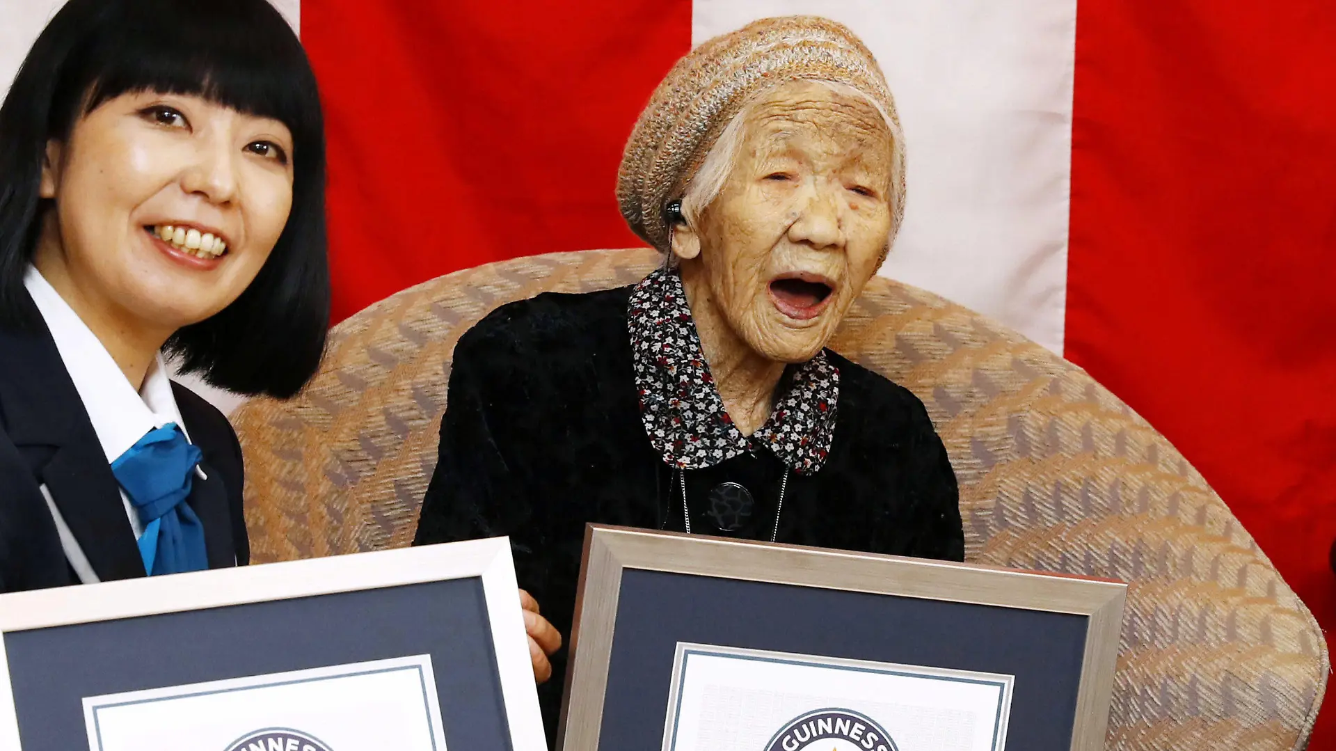 116-year-old Japanese woman Kane Tanaka celebrates during a ceremony to recognise her as the world's oldest person living and world's oldest woman living by the Guinness World Records in Fukuoka, Japan March 9, 2019. Mandatory credit Kyodo/via REUTERS ATTENTION EDITORS - THIS IMAGE WAS PROVIDED BY A THIRD PARTY. MANDATORY CREDIT. JAPAN OUT. THIS IMAGE WAS PROCESSED BY REUTERS TO ENHANCE QUALITY, AN UNPROCESSED VERSION HAS BEEN PROVIDED SEPARATELY.