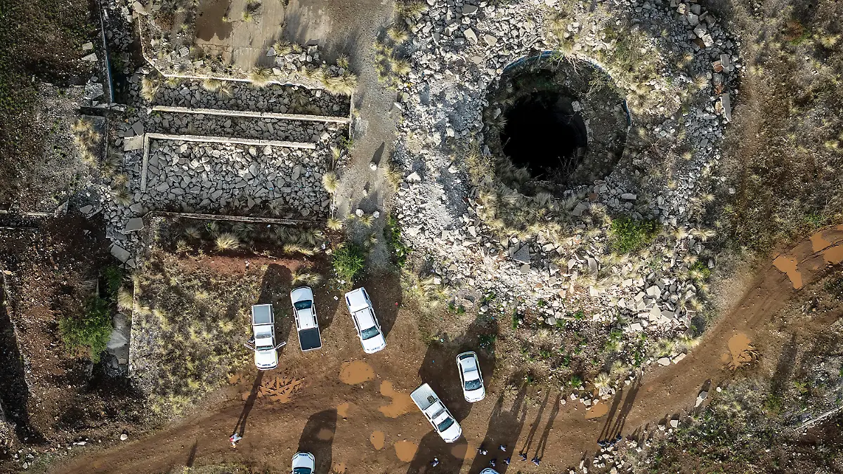 An aerial view of a mine shaft where an estimated 4000 illegal miners are trapped in a disused mine in Stilfontein, South Africa, Wednesday, Nov.13, 2024. (AP Photo)