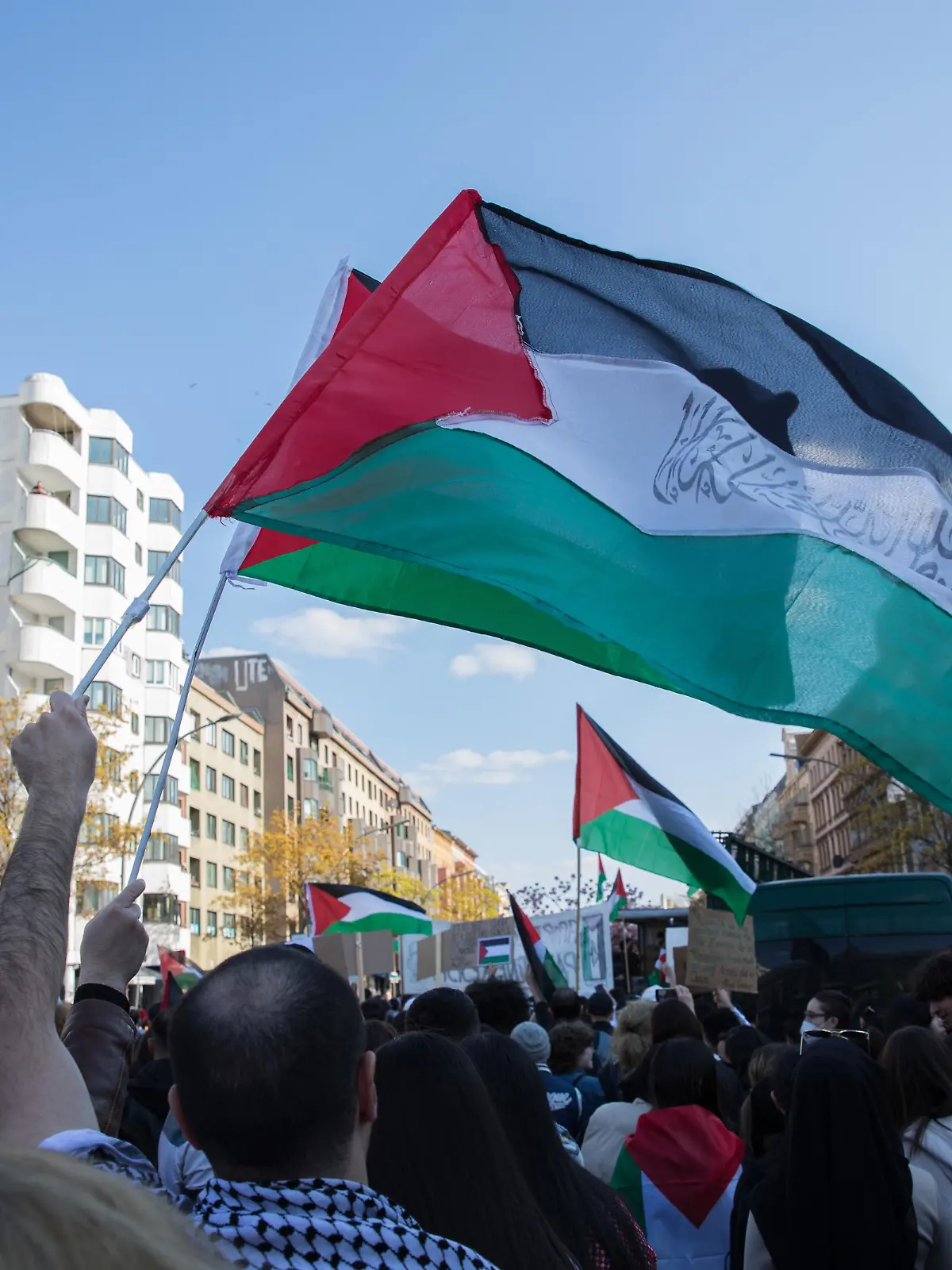 April 23, 2022, Berlin, Germany: Demonstrations in support of Palestinians in the ongoing Israel-Palestinian Conflict have been held across the globe in recent days. Also in Berlin, a large protest was organized on April 23, 2022. Many of the participants came with Palestinian flags wearing traditional kaffiyeh scarves. Several protesters shouted from the river to the sea, Palestine will be free. (Credit Image: Â© Michael Kuenne/PRESSCOV via ZUMA Press Wire