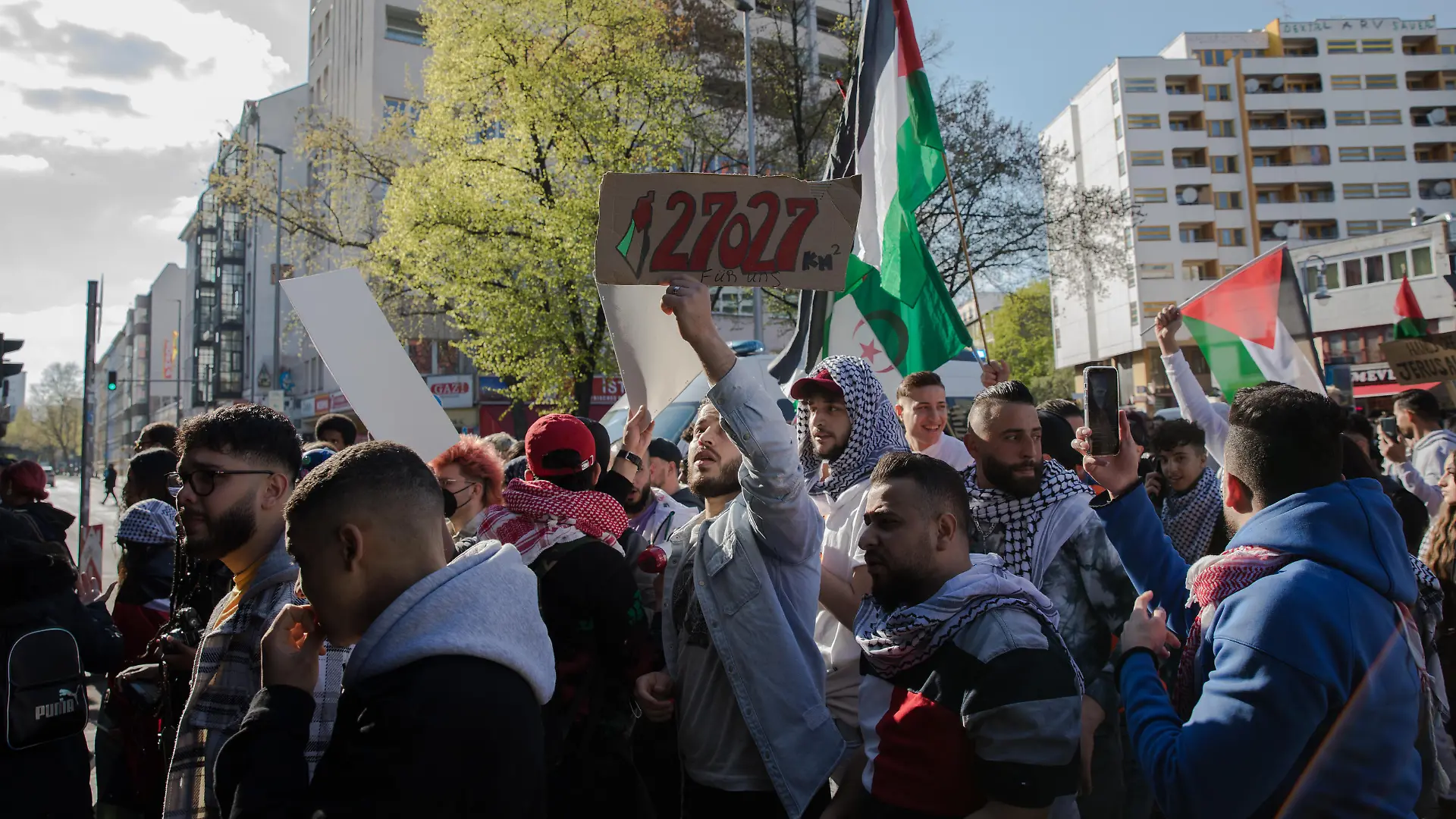 April 23, 2022, Berlin, Germany: Demonstrations in support of Palestinians in the ongoing Israel-Palestinian Conflict have been held across the globe in recent days. Also in Berlin, a large protest was organized on April 23, 2022. Many of the participants came with Palestinian flags wearing traditional kaffiyeh scarves. Several protesters shouted from the river to the sea, Palestine will be free. (Credit Image: Â© Michael Kuenne/PRESSCOV via ZUMA Press Wire