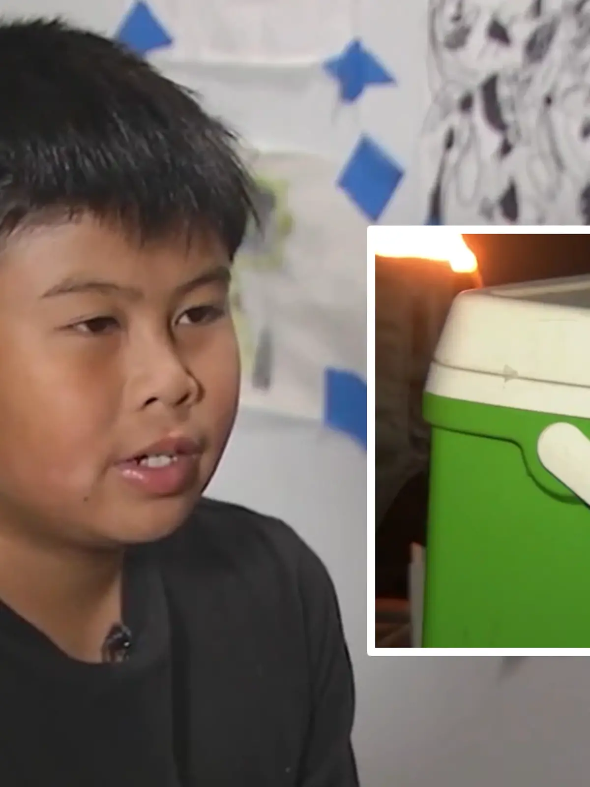 Bildcollage mit einem Jungen und einer Kühlbox im Bild.