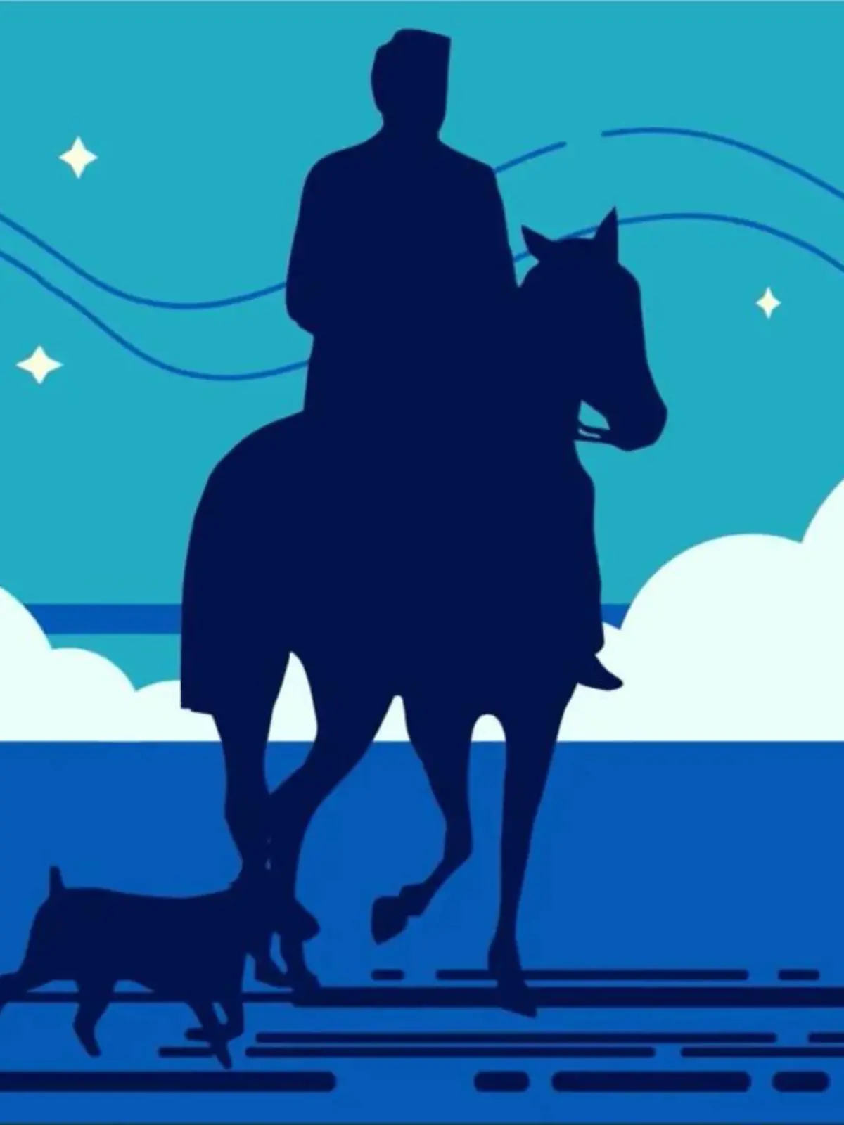 Illustration eines Reiters auf einem Pferd vor einem Horizont