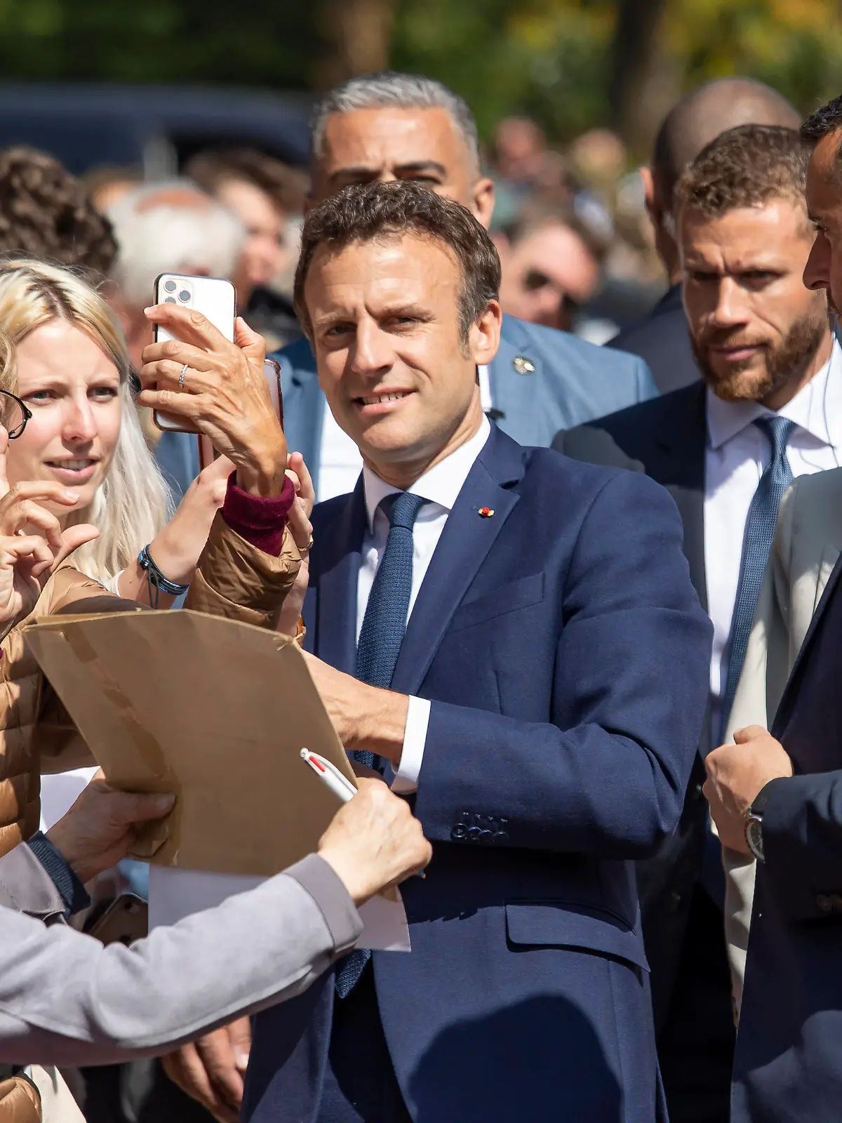  220424 -- LE TOUQUET, April 24, 2022 -- French President Emmanuel Macron poses for photos with his supporters before casting his ballot in Le Touquet, northern France, April 24, 2022. The 2022 French presidential runoff kicked off at 8 a.m. local time 0600 GMT on Sunday in Metropolitan France between incumbent President Emmanuel Macron and candidate Marine Le Pen. Photo by /Xinhua FRANCE-LE TOUQUET-PRESIDENTIAL ELECTION-SECOND ROUND-VOTE-MACRON AngelinixHans PUBLICATIONxNOTxINxCHN