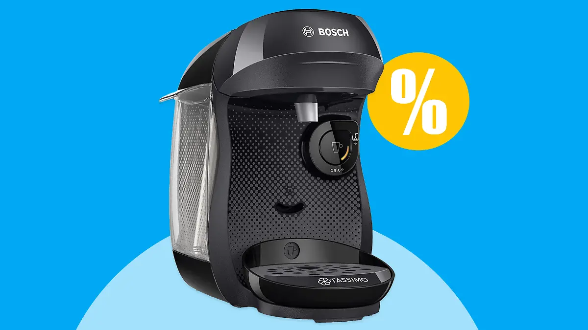 Die Bosch Kapselmaschine Tassimo Happy vor einem blauem Hintergrund.