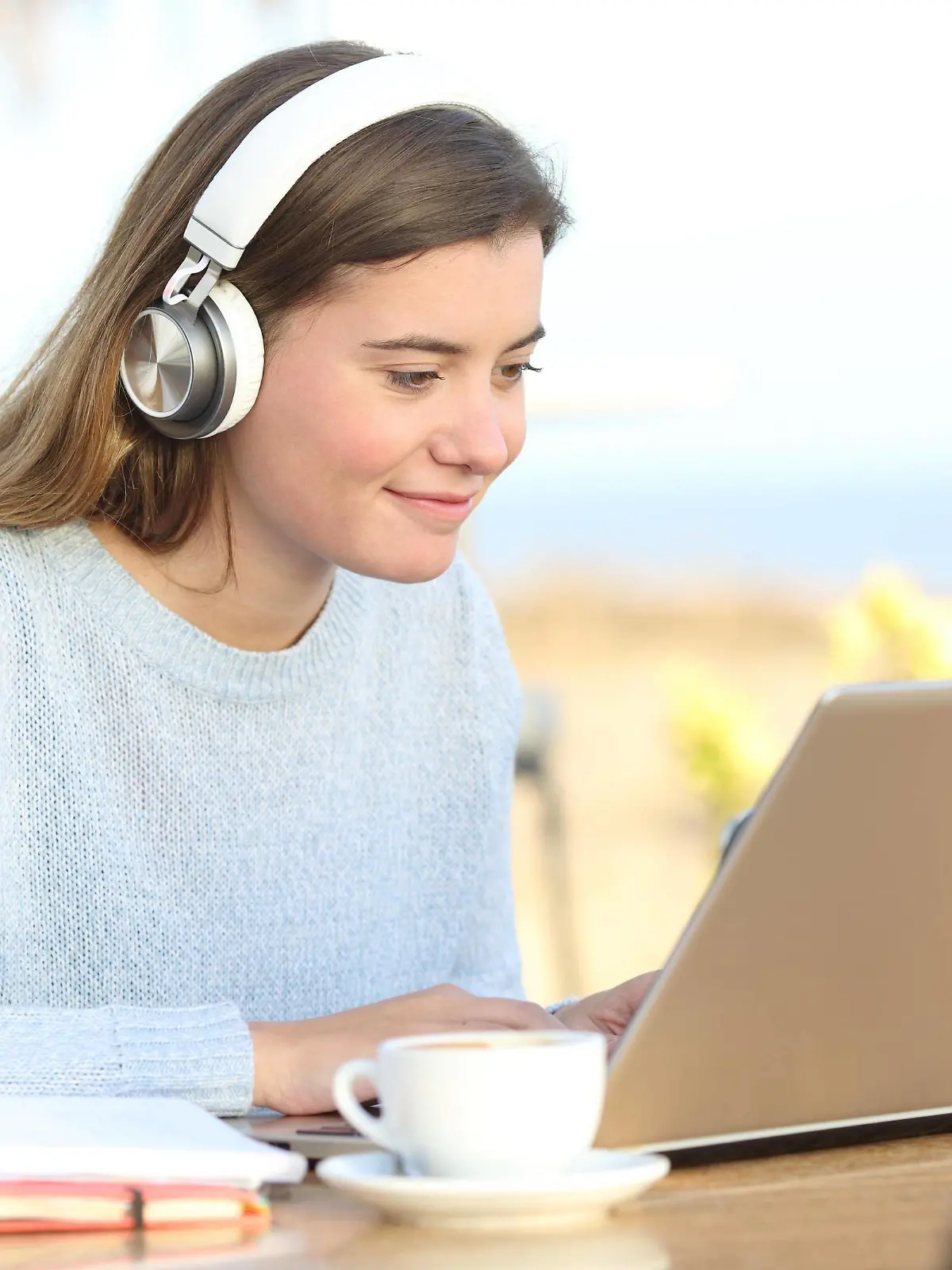 Student e-learning with headphones and laptop in a bar Copyright: xAntonioGuillemx Panthermedia28066104 ,model released, Symbolfoto