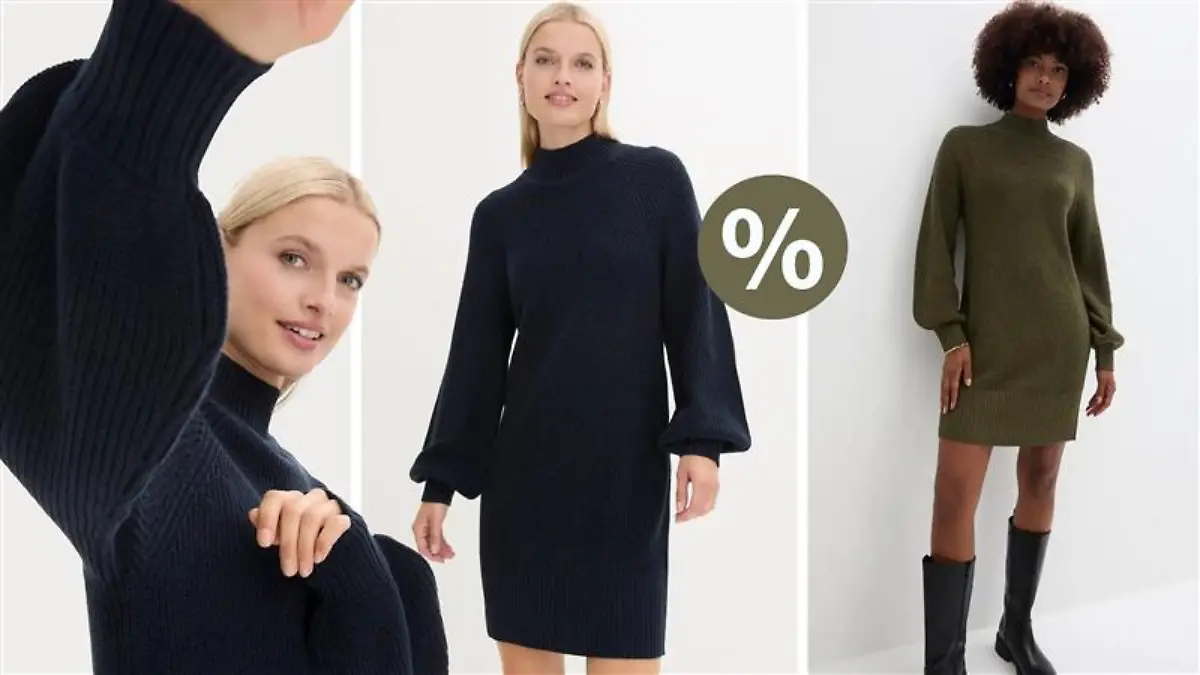 Zwei Frauen stehen vor einer weißen Wand in dem Strickkleid von Bonprix.
