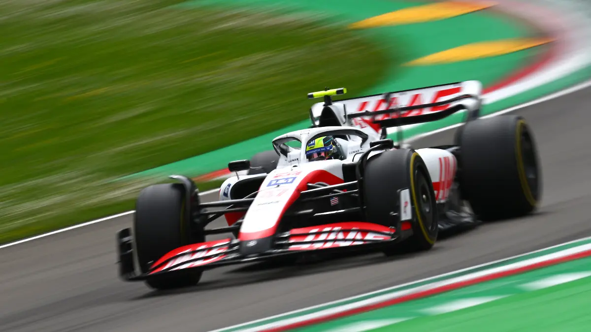 IMOLA, ITALY - APRIL 23: Mick Schumacher of Germany driving the (47) Haas F1 VF-22 Ferrari on track during practice ahead of the F1 Grand Prix of Emilia Romagna at Autodromo Enzo e Dino Ferrari on April 23, 2022 in Imola, Italy. (Photo by Clive Mason/Getty Images)