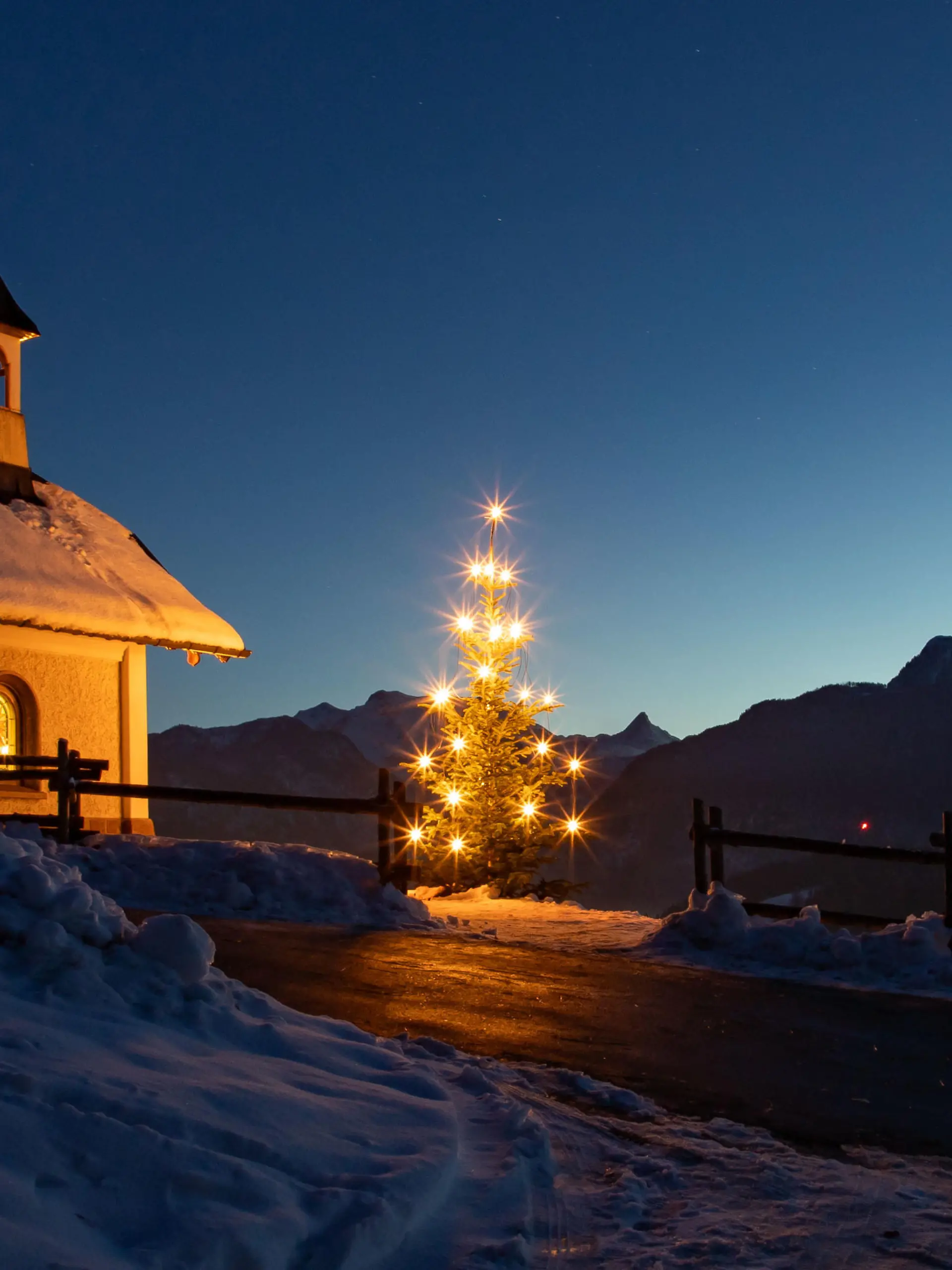 Deutschland, Bayern, Berchtesgaden, Rupertiwinkel, Berchtesgadener Land, Watzmann, Kirchleitn Kapelle, Kirchleitenkapelle, Kapelle der Seligpreisungen, Wahrzeichen, Weihnachten, weihnachtlich, Weihnachtsbaum, Christbaum, Dämmerung, Lichter, Stimmung, beleuchtet, Blaue Stunnde, Ponnzenzenbilchl, Schnee, Winter, beleuchtet
7.12.2023 / 071223