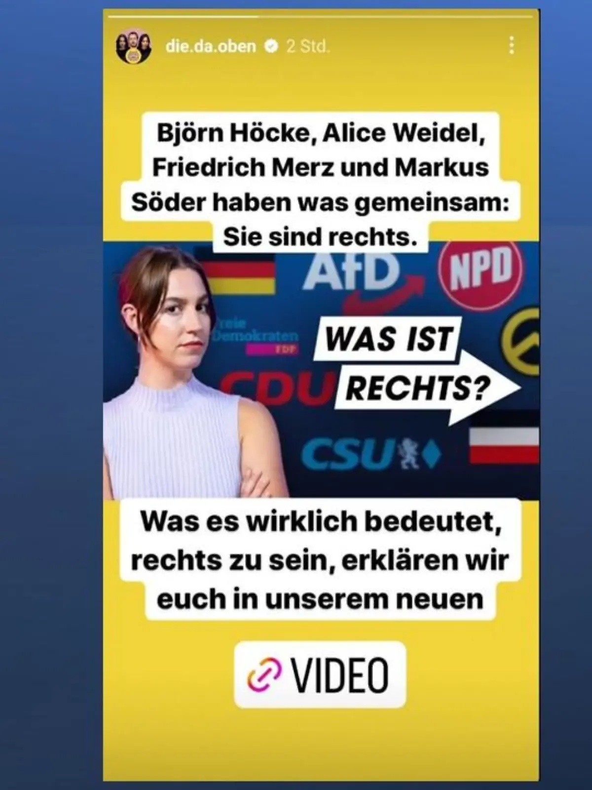 Auf dem inzwischen gelöschten Instagram-Post wurde behauptet, dass einzelne Politiker der Union und der AfD eins gemeinsam hätten: "Sie sind rechts."