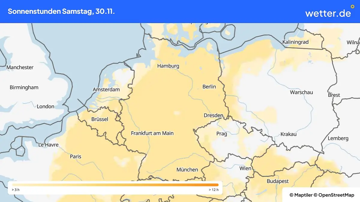 Die Grafik zeigt die Sonnenstunden am Samstag, 30.11.2024