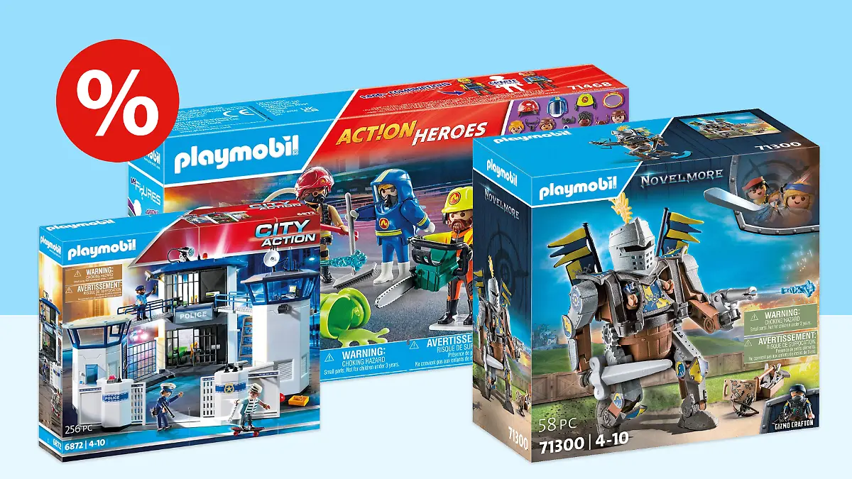 Verschiedene Playmobil-Sets vor blauem Hintergrund mit Störer.