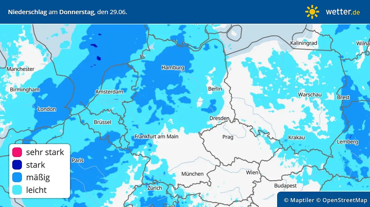 Die Grafik zeigt die Niederschläge am Donnerstag, 29.06.2023
