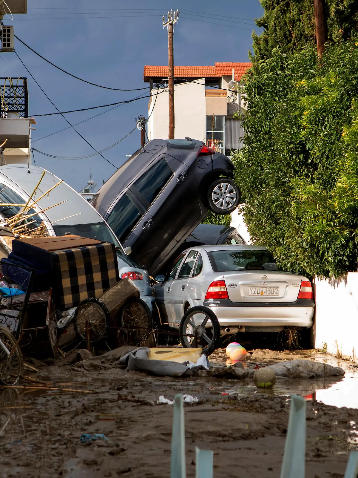Cars are piled up following storm Bora in the area of Lalysos, on the island of Rhodes, Greece, December 1, 2024. REUTERS/Lefteris Damianidis