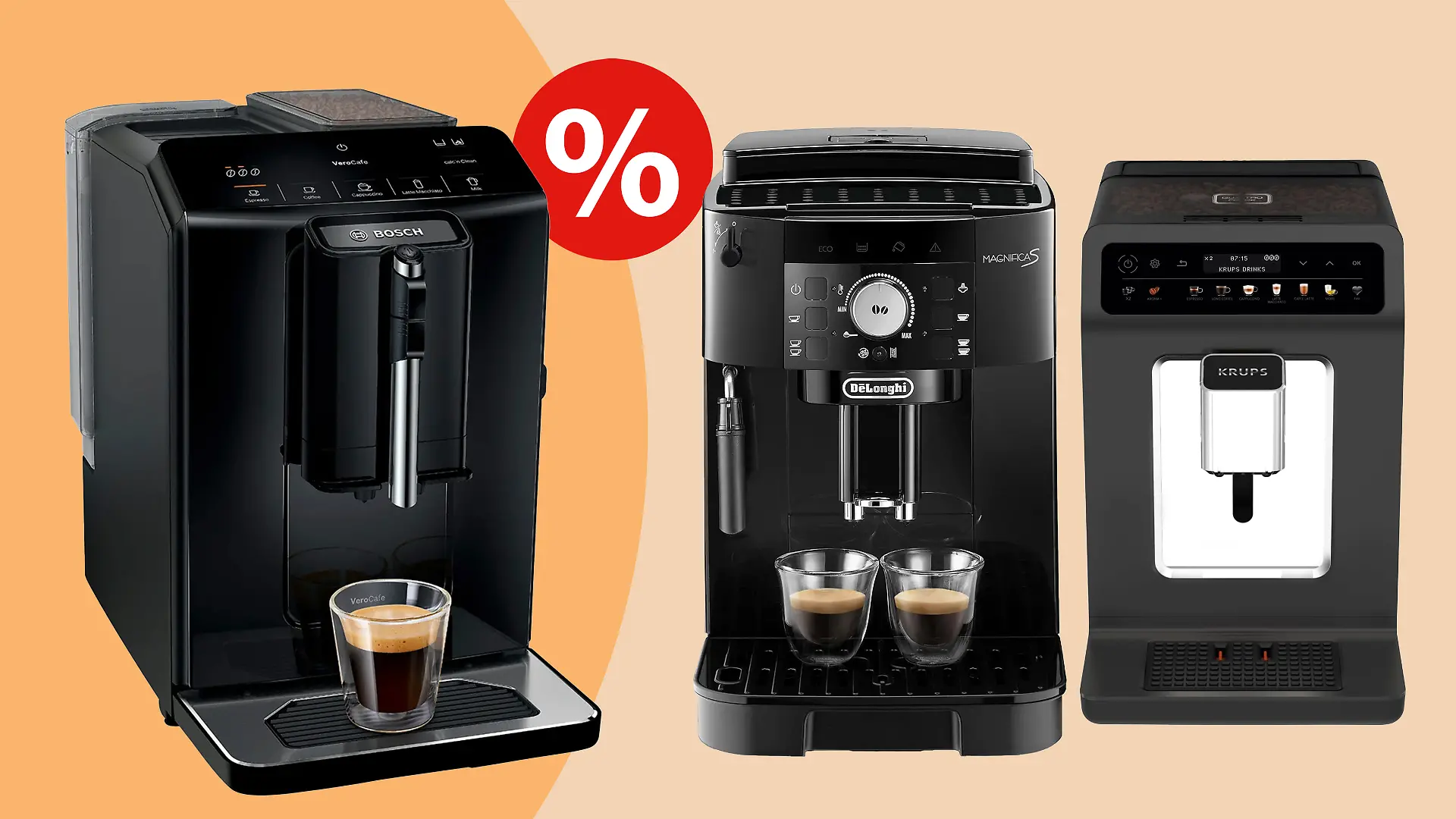 Verschiedene Kaffeevollautomaten vor einem hellbraunen Hintergrund und einem Störer.