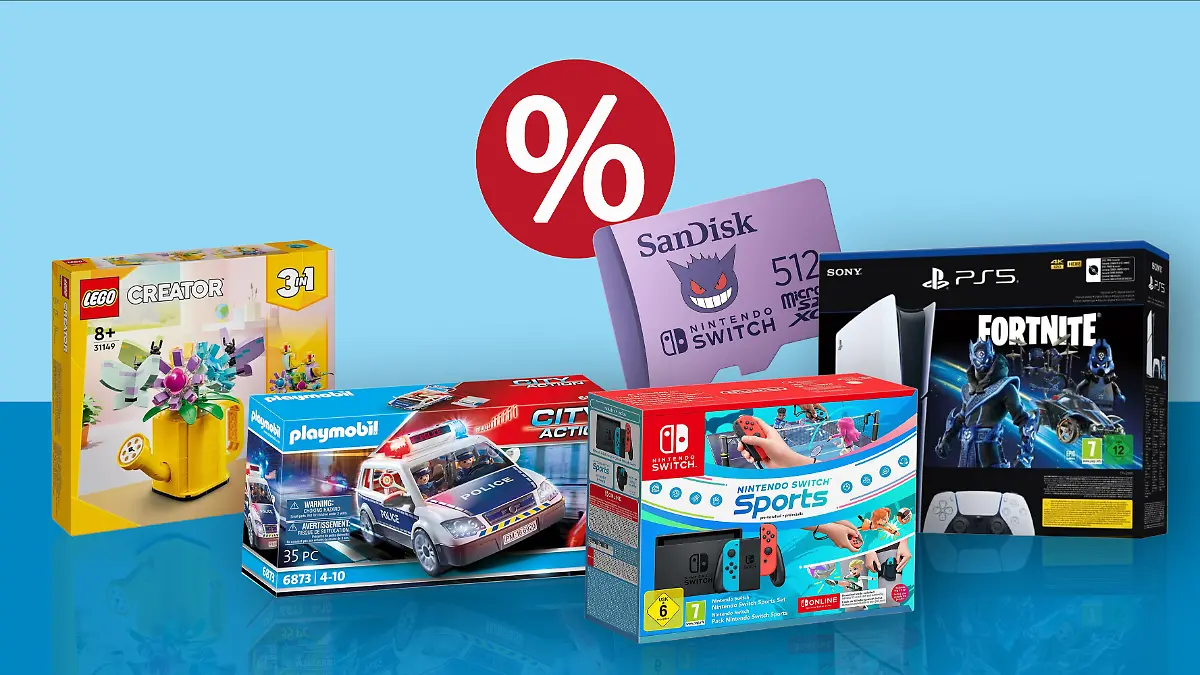 Lego, Playmobil Nintendo Switch und Playstation zusammen auf einer Collage vor blauem Hintergrund.