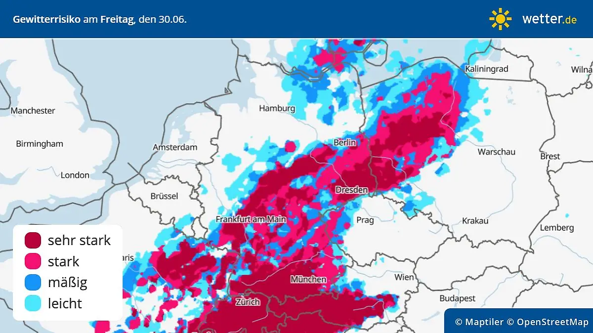 Die Grafik zeigt das Gewitterrisiko am Freitag, 30.06.2023