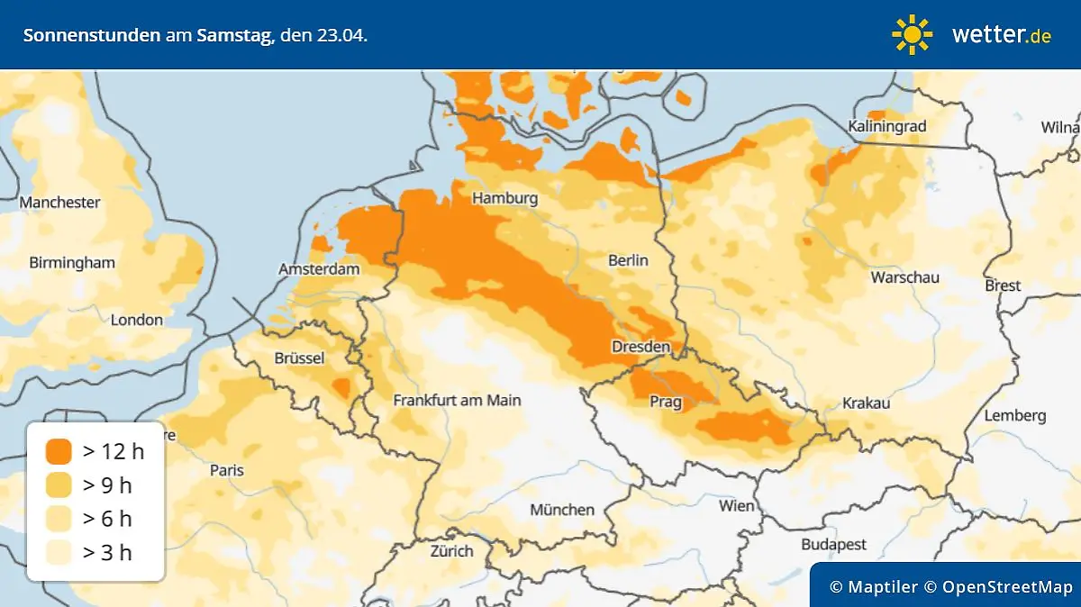 Die Grafik zeigt die Sonnenstunden für Samstag, 23.04.2022