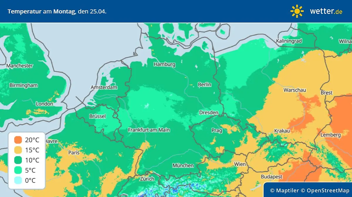 Die Grafik zeigt die höchsten Temperaturen am Montag, 25.04.2022