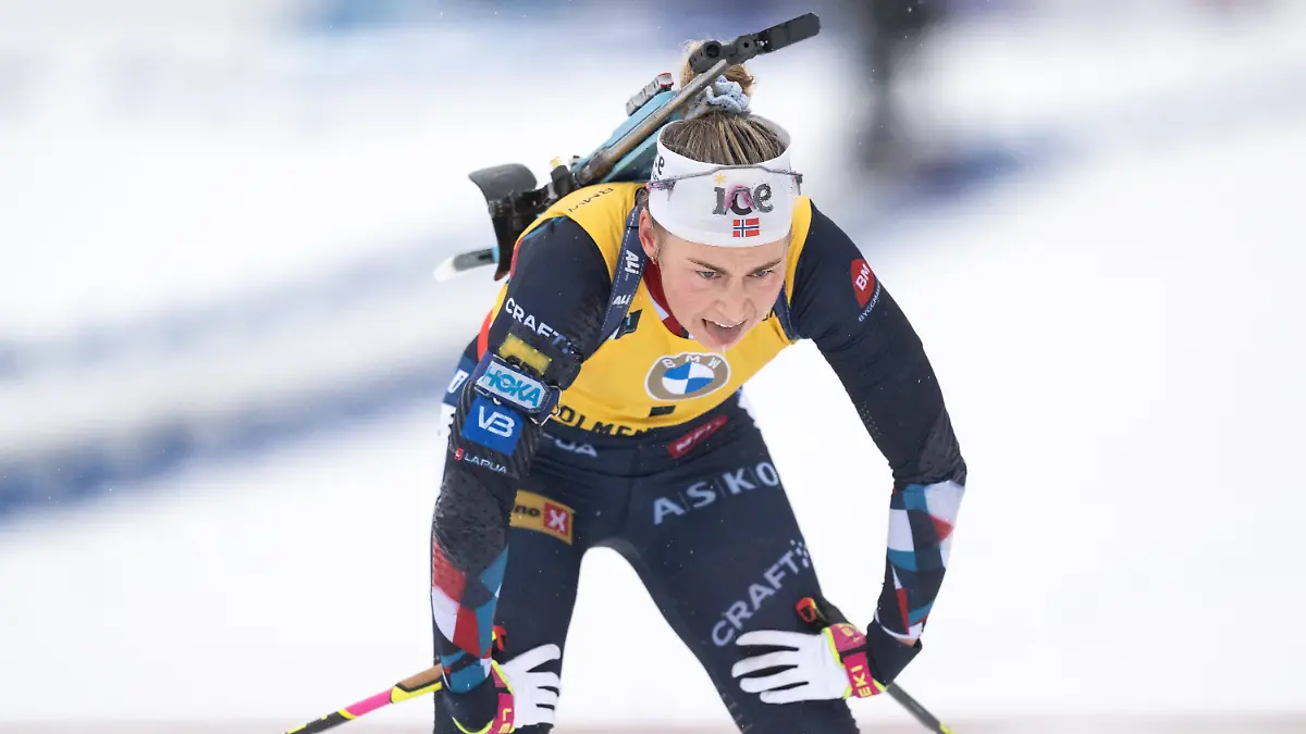 Ingrid Landmark Tandrevold (Norwegen) beim Massenstart über 12,5 km im IBU World Cup am 2. März 2024 in Oslo.