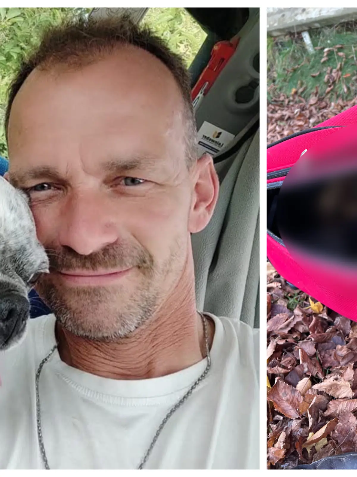 Fotokollage: Links Torsten Kraft mit seinem Hund, rechts der geöffnete Koffer (geblurrt).