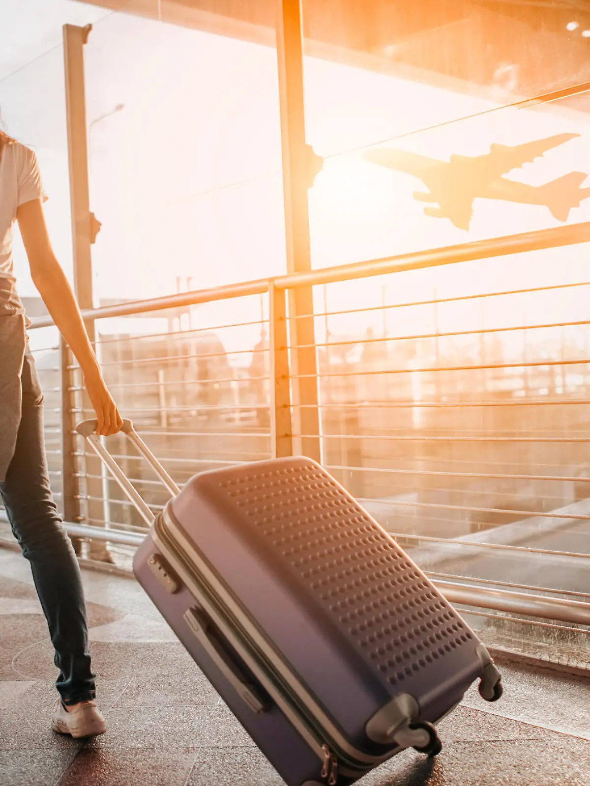 Young woman pulling suitcase in  airport terminal. Copy space