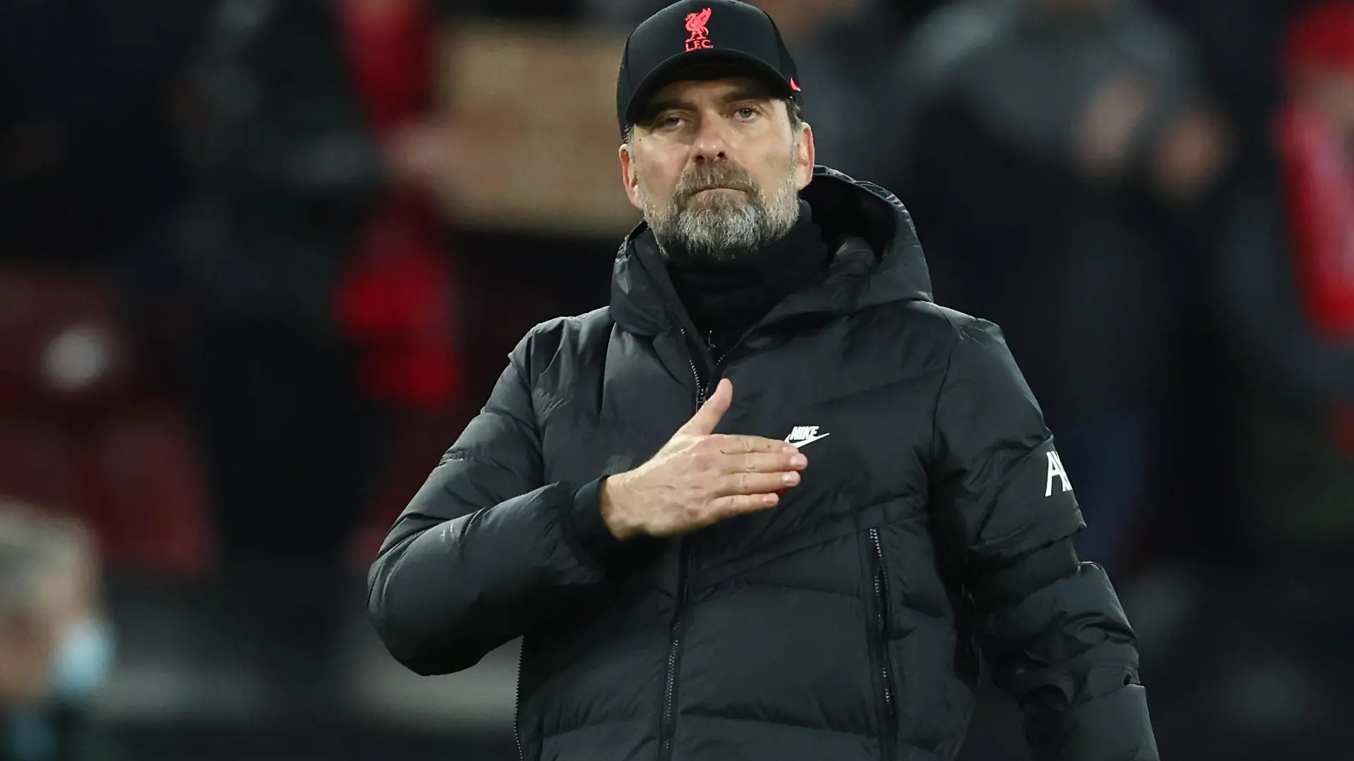 April 13, 2022, Liverpool, United Kingdom: Liverpool, England, 13th April 2022. Jurgen Klopp manager of Liverpool waves to the fans during the UEFA Champions League match at Anfield, Liverpool. Picture credit should read: Darren Staples / Sportimage Photo via Newscom picture alliance
