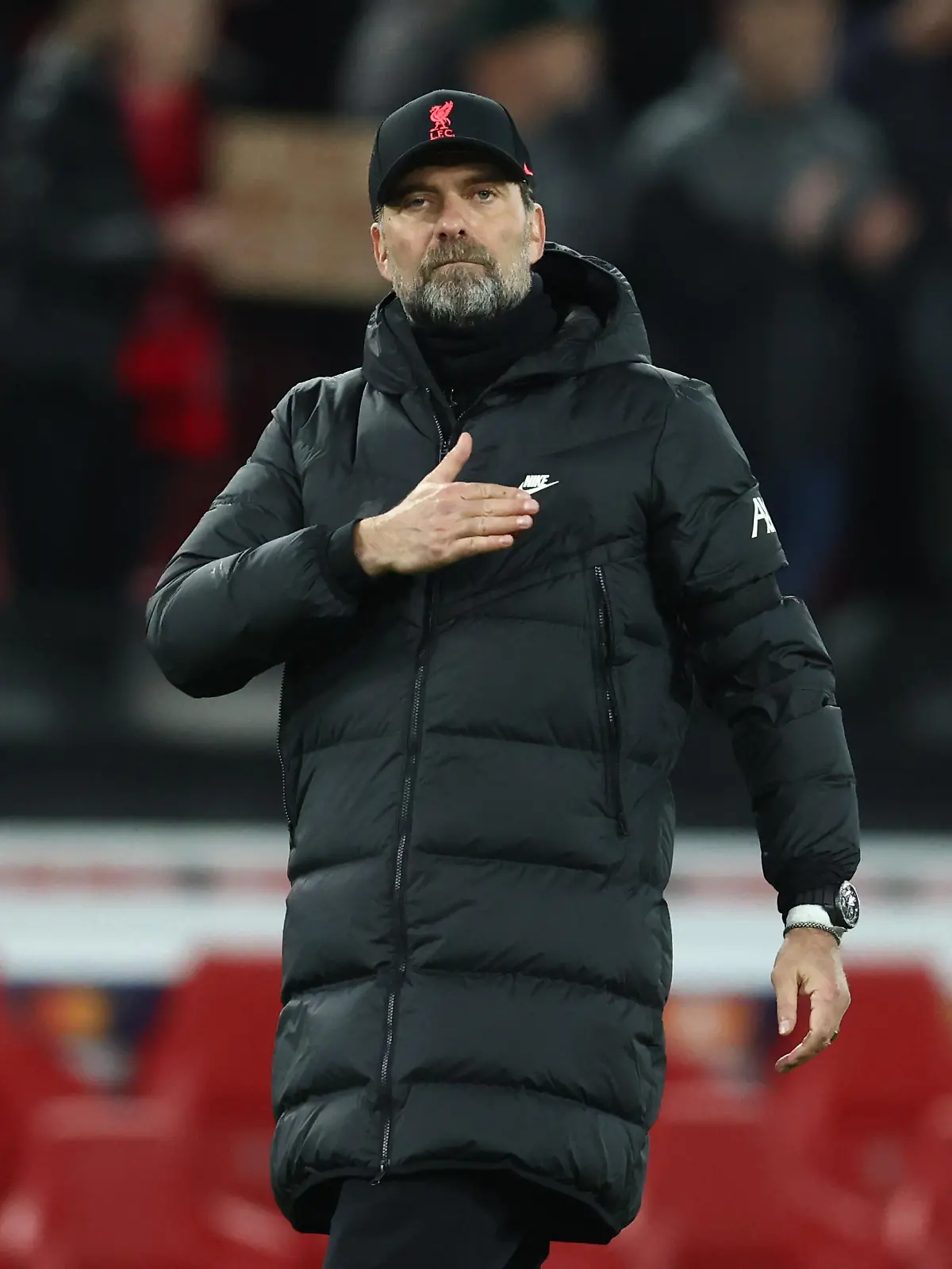 April 13, 2022, Liverpool, United Kingdom: Liverpool, England, 13th April 2022. Jurgen Klopp manager of Liverpool waves to the fans during the UEFA Champions League match at Anfield, Liverpool. Picture credit should read: Darren Staples / Sportimage Photo via Newscom picture alliance