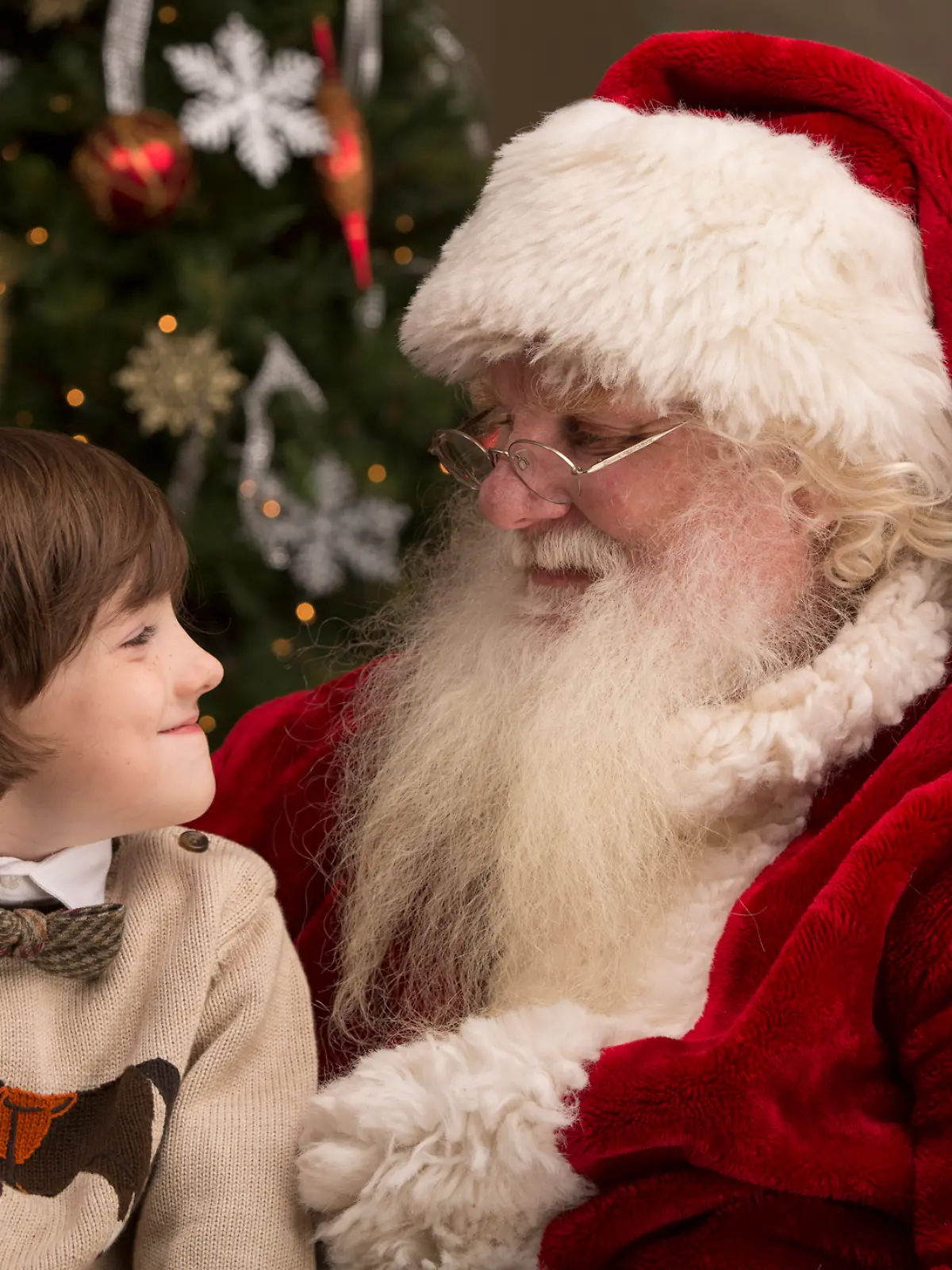 Ein Junge sitzt auf dem Schoß vom Nikolaus / dem Weihnachtsmann.