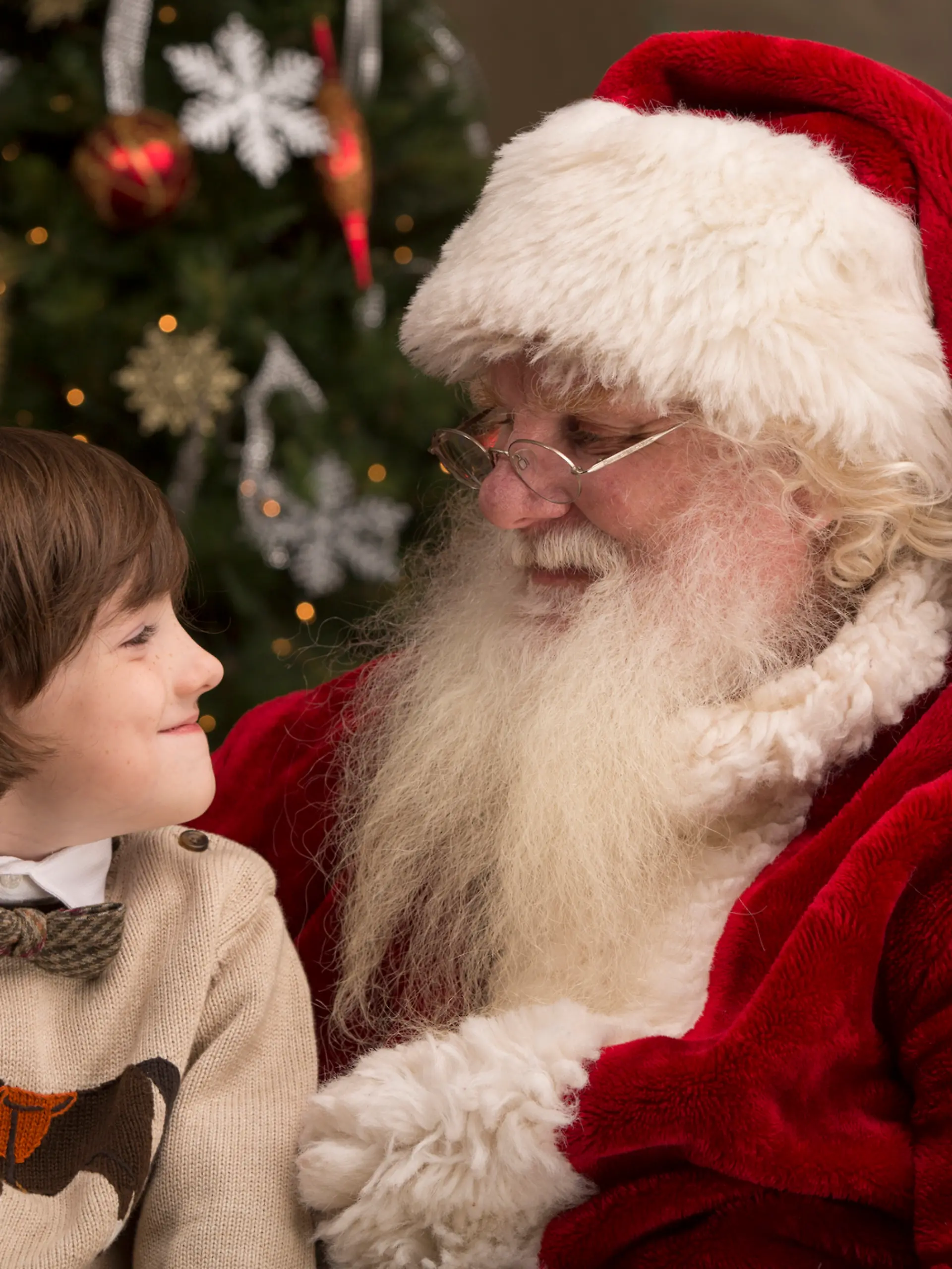 Ein Junge sitzt auf dem Schoß vom Nikolaus / dem Weihnachtsmann.