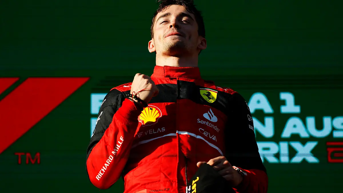 Formula 1 2022: Australian GP MELBOURNE GRAND PRIX CIRCUIT, AUSTRALIA - APRIL 10: Charles Leclerc, Ferrari, 1st position, celebrates on the podium during the Australian GP at Melbourne Grand Prix Circuit on Sunday April 10, 2022 in Melbourne, Australia. Photo by Andy Hone / LAT Images Images PUBLICATIONxINxGERxSUIxAUTxHUNxONLY GP2203_154626_34A4049 