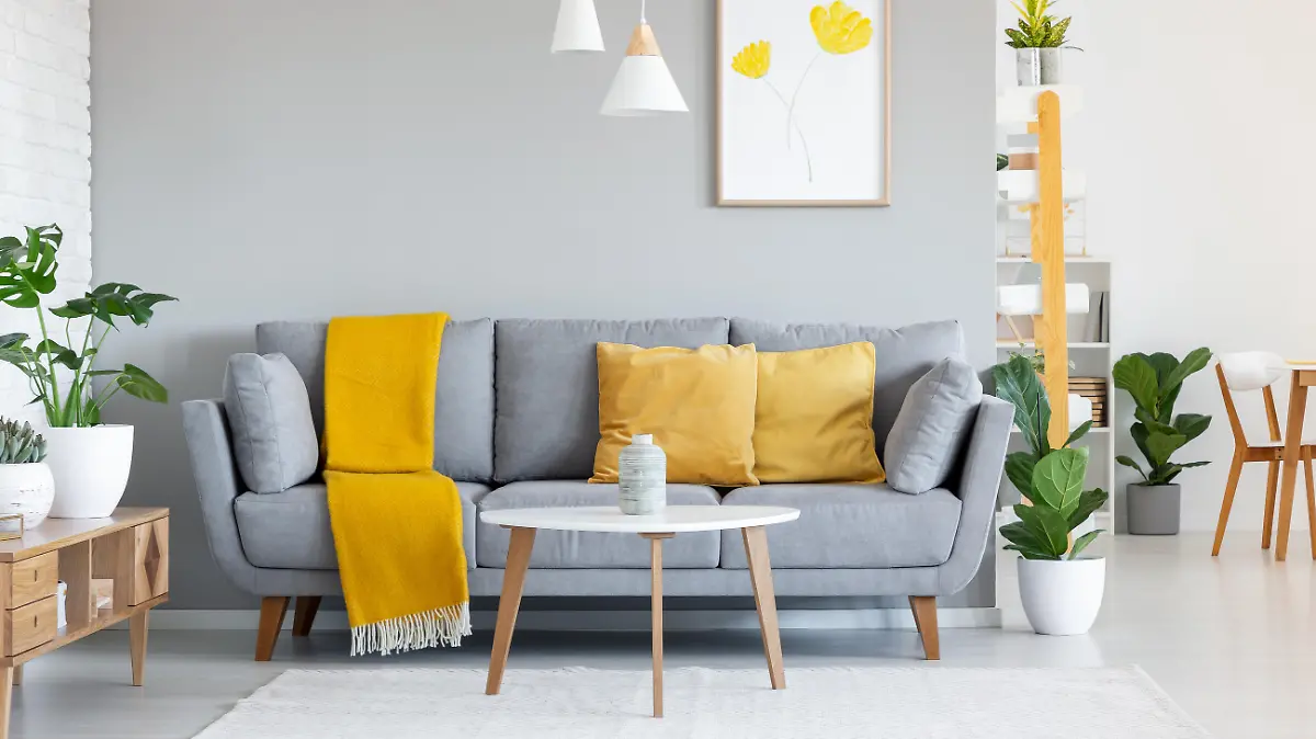 Orange blanket on grey sofa in modern apartment interior with poster and wooden table. Real photo