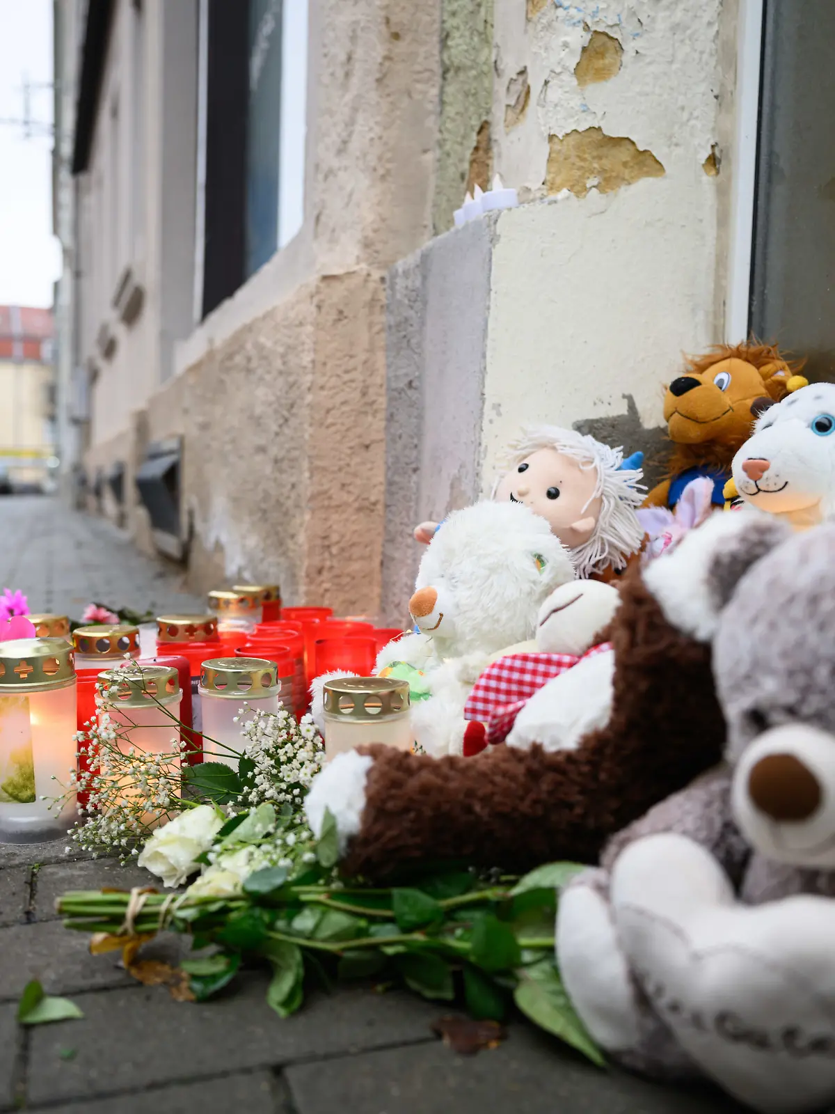 10.12.2024, Sachsen, Meißen: Blumen und Kuscheltiere sind vor einem Haus abgelegt. In einem Mehrfamilienhaus in der Straße sind drei Kleinkinder im Alter von einem, zwei und drei Jahren sowie ein 37-jähriger Mann tot gefunden worden. Die Ermittler gehen von einem Tötungsdelikt aus, wie sie am Montag mitteilten. Foto: Robert Michael/dpa +++ dpa-Bildfunk +++