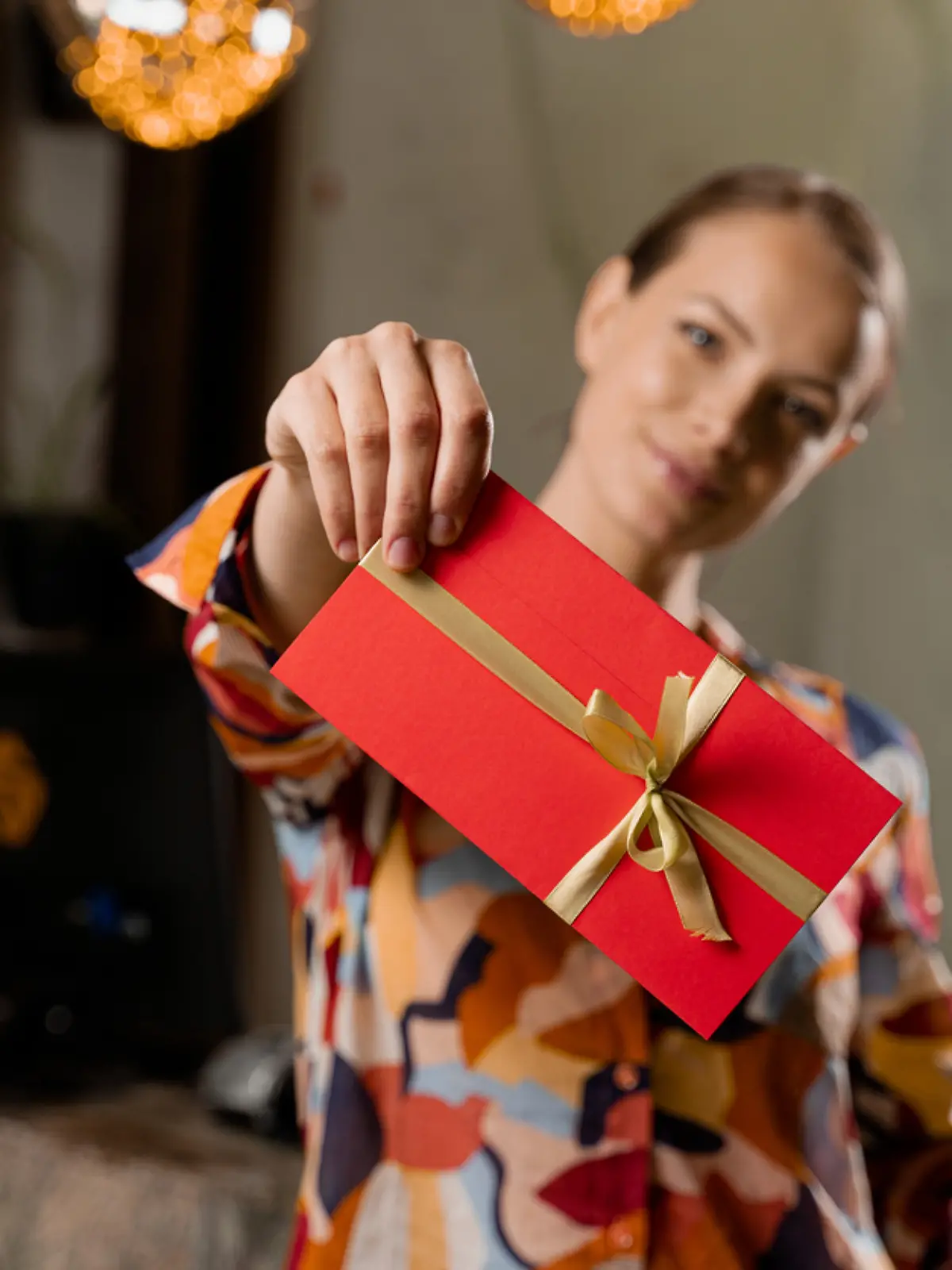 Eien Frau hält einen Gutschein in der Hand, den sie vermutlich zum Geburtstag oder Weihnachten verschenkt.