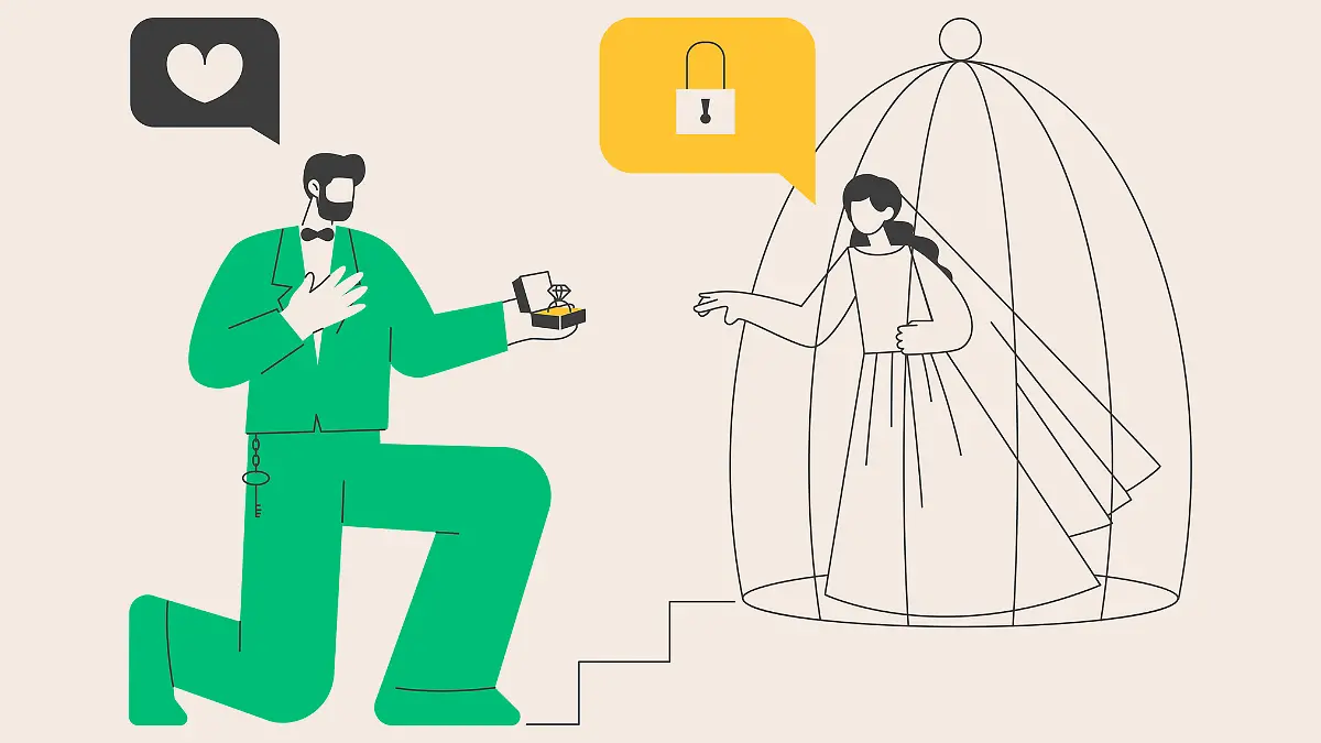 Forced marriage abstract concept vector illustration. Involuntary child marriage, without consent, against will, domestic violence, put handcuffs, pressure to marry, sexual abuse abstract metaphor.