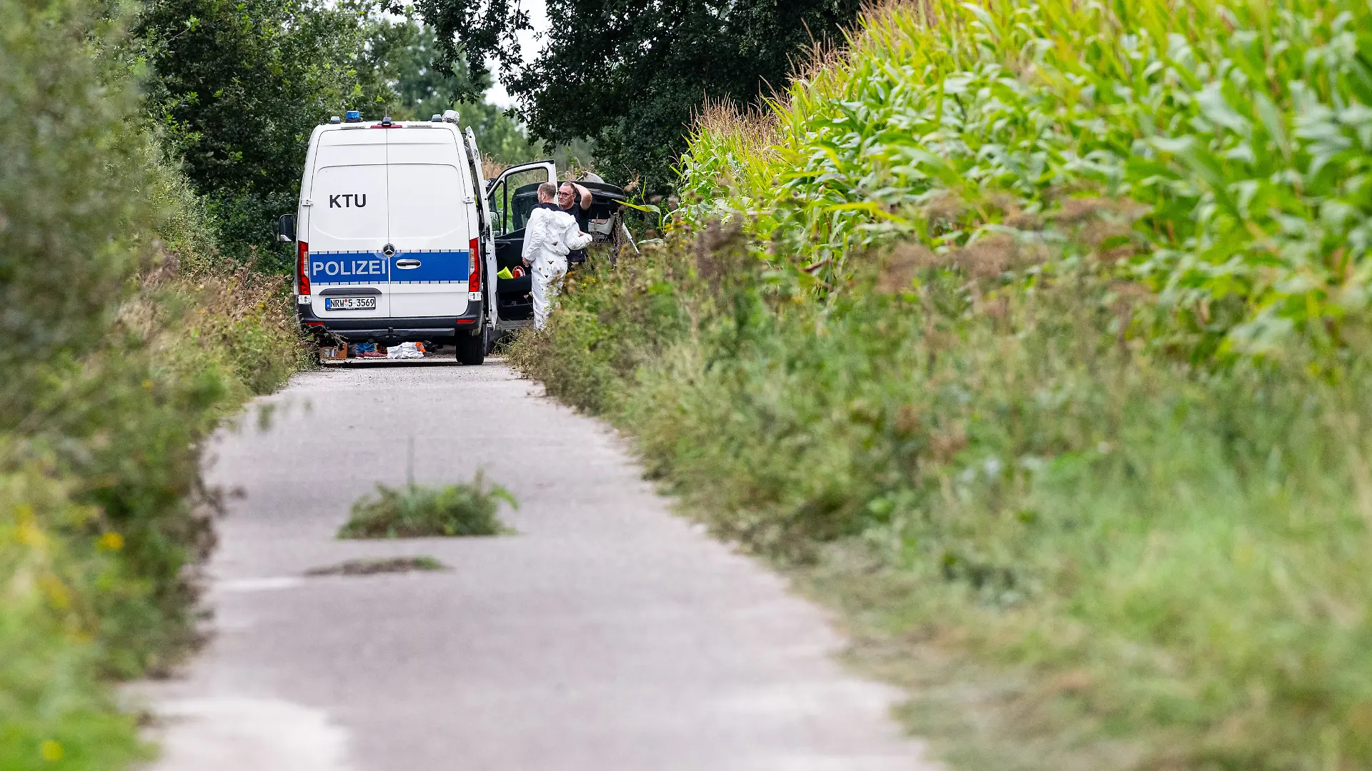 Nordrhein-Westfalen, Gronau: Polizeibeamte der kriminaltechnischen Untersuchungsstelle (KTU) stehen am Rande eines Maisfeld, wo zwei vergrabene männliche Leichen gefunden wurden.