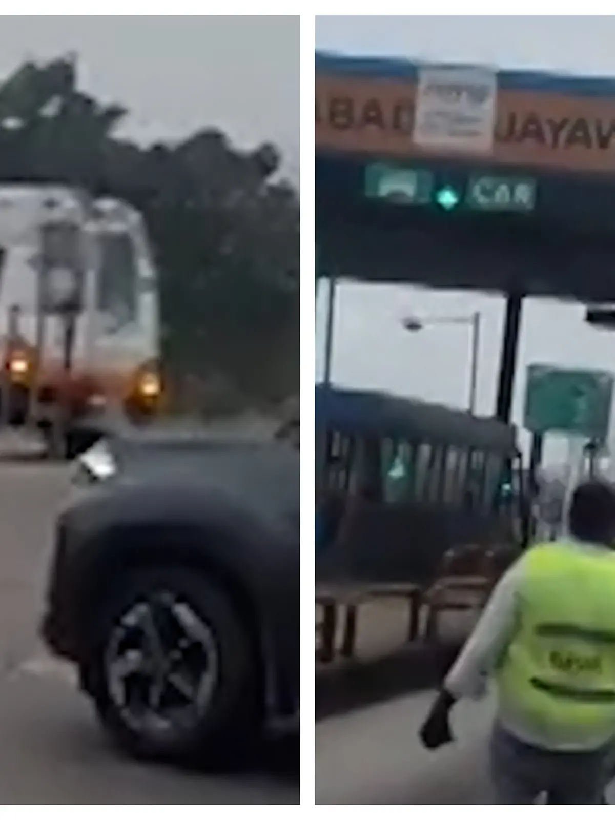 Fotokollage: Links der rasende Rettungswagen, rechts die Mautstelle